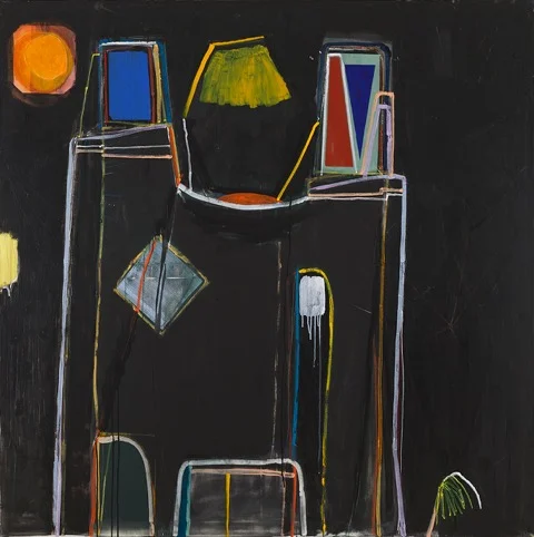 Kostis Velonis, Debate on Chimneys , 2017 From the group show “ Daybreak ” curated by Anna Chatzinassiou Acrylic, oil, pencil and oil pastel on canvas, 150 x 150 cm Courtesy the artist and Kalfayan Galleries, Athens – Thessaloniki