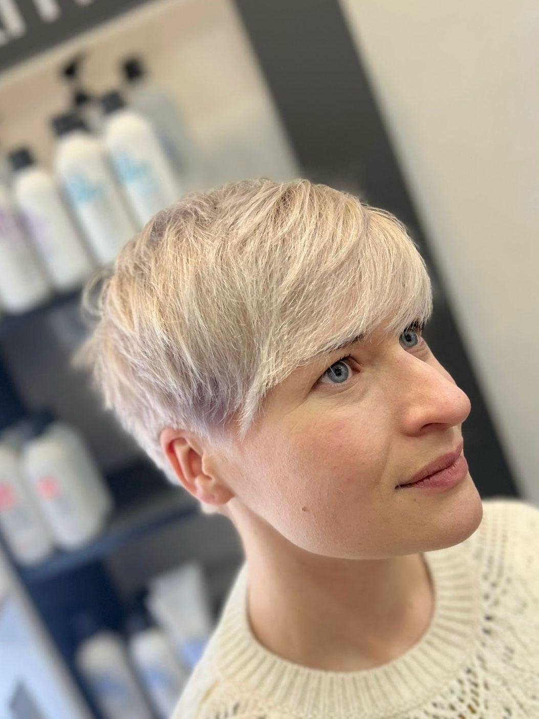Rocking the bold allure of a short blonde crop! 💇&zwj;♀️✨ 

Our client's daring style is a testament to confidence and chic sophistication. Ready to embrace the beauty of a short crop? Click the link in our bio, and let's redefine your look together