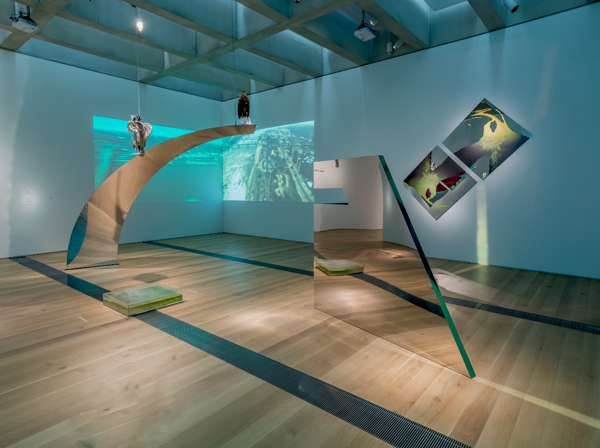 Convergence Infinité , 2016, 14’ x 40’ x 50’, mirror polished stainless steel, dichroic film, bald eagle taxidermy mount, chrome plated horse skull, acrylic box containing Mississippi and Missouri River waters, mirrored glass, archival inkjet prints on mirror polished stainless steel, and four channel HD drone footage video projection. Solo exhibition, Saint Louis Art Museum This immersive body of sculpture, drone video and sound work explores the complex natural and social histories (1000 - 2016) of the Cahokia Mounds, and the city of St. Louis, using the apparent apogees of the two civilizations. Apogee 1969 references a fragment of Gateway Arch, with a bald eagle on top. Tropaion is a chromed plated horse skull suspended over a sealed acrylic box containing twelve gallons of Mississippi and Missouri River water. The waters were collected at their confluence by the artist. (installation view with two of four channel video projections visible). image courtesy of Tony Carosella/St. Louis Art Museum © 2016