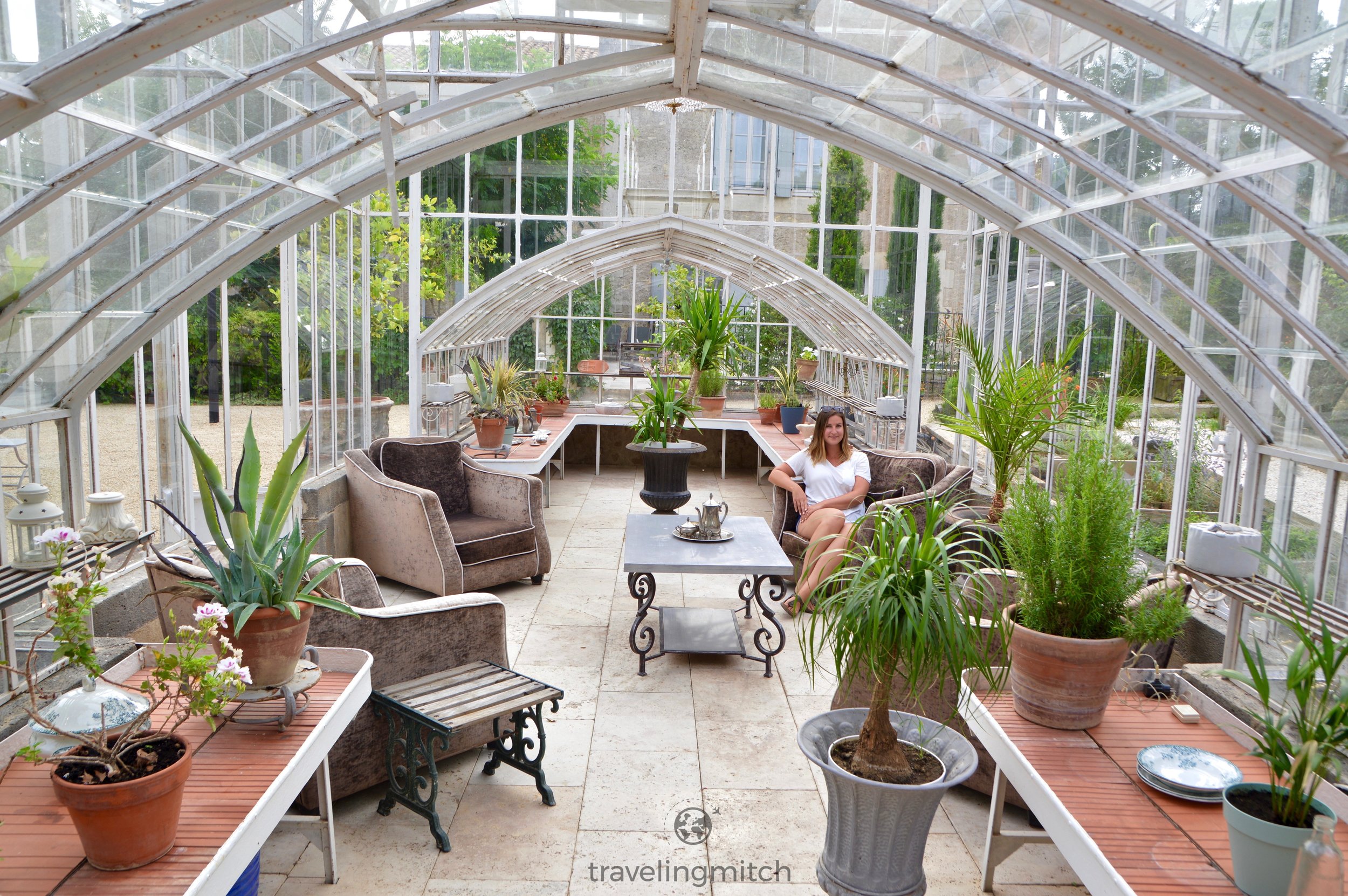 Bri enjoying the solarium at Château Les Carrasses 