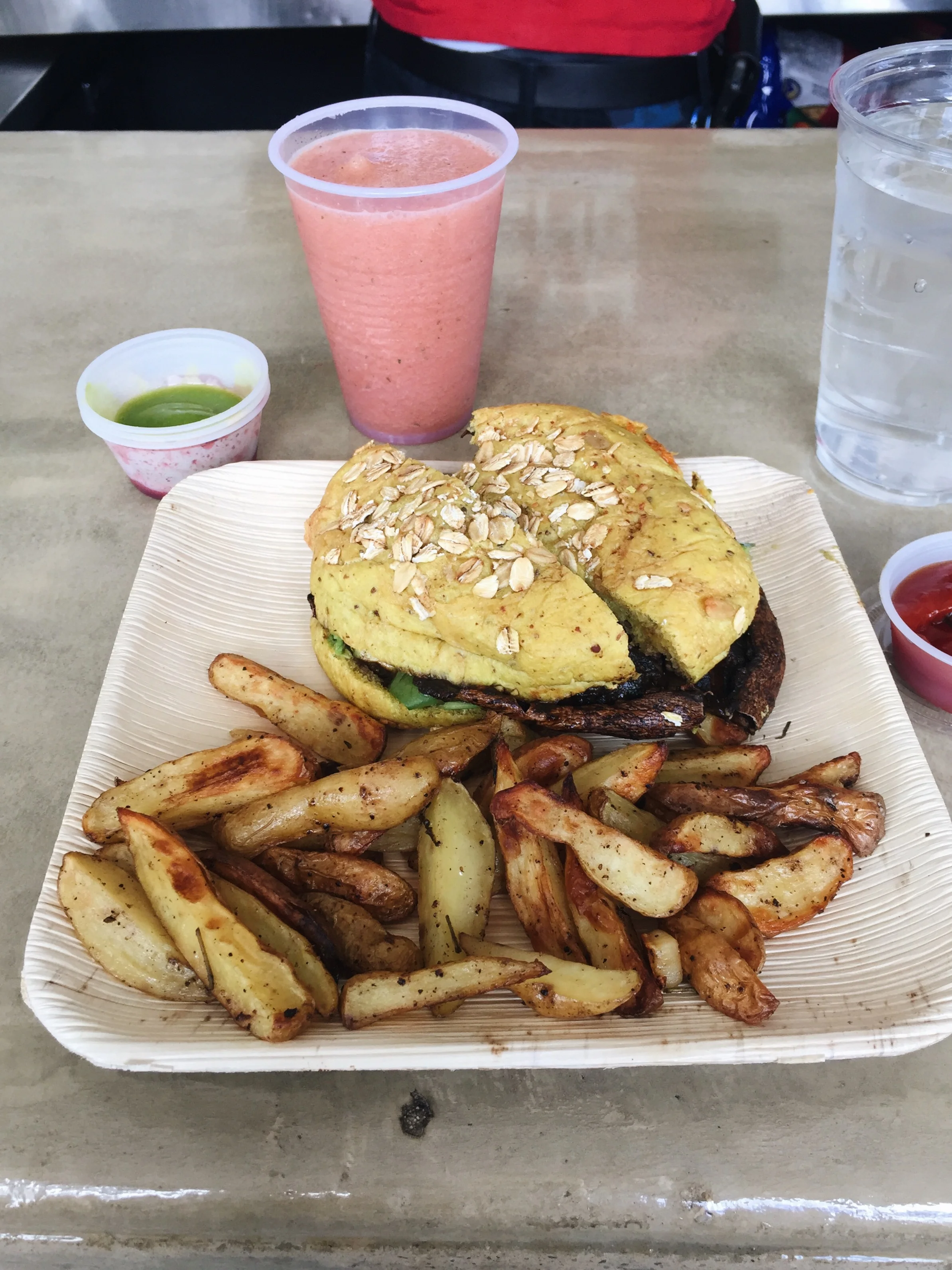 A mushroom burger (and free smoothie samples!) from BKYLN Blends.