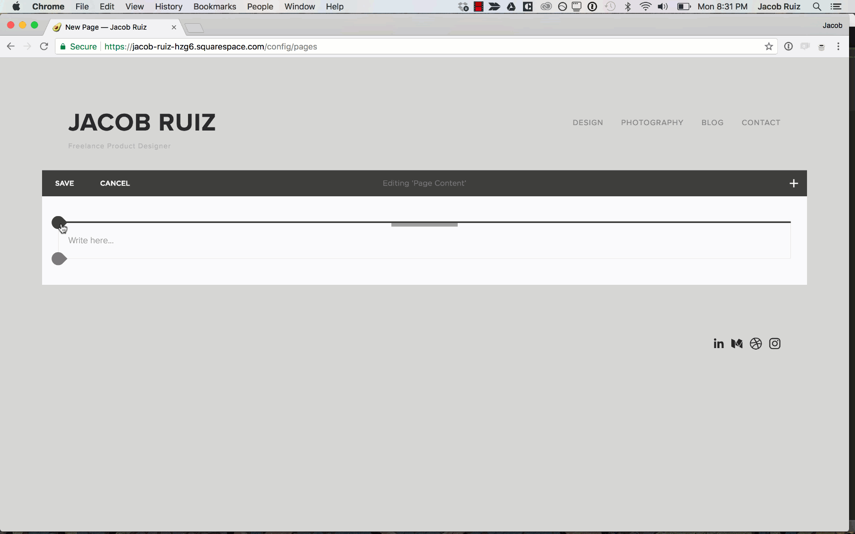 Adding a small, medium, and large button to your blank page in Squarespace.