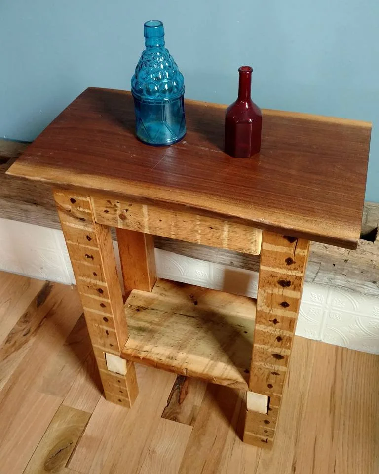 Side table with slab top and reclaimed wood legs