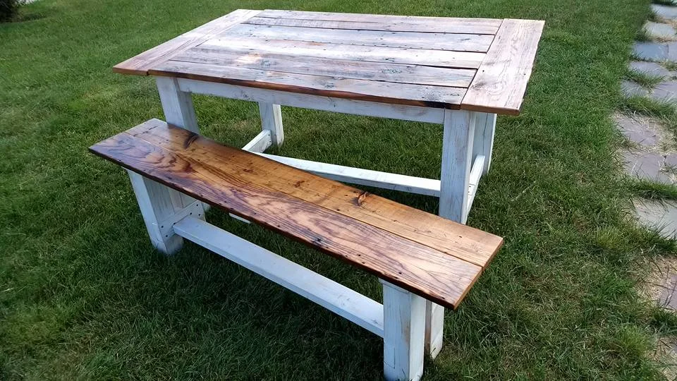 Reclaimed wood top table with bench