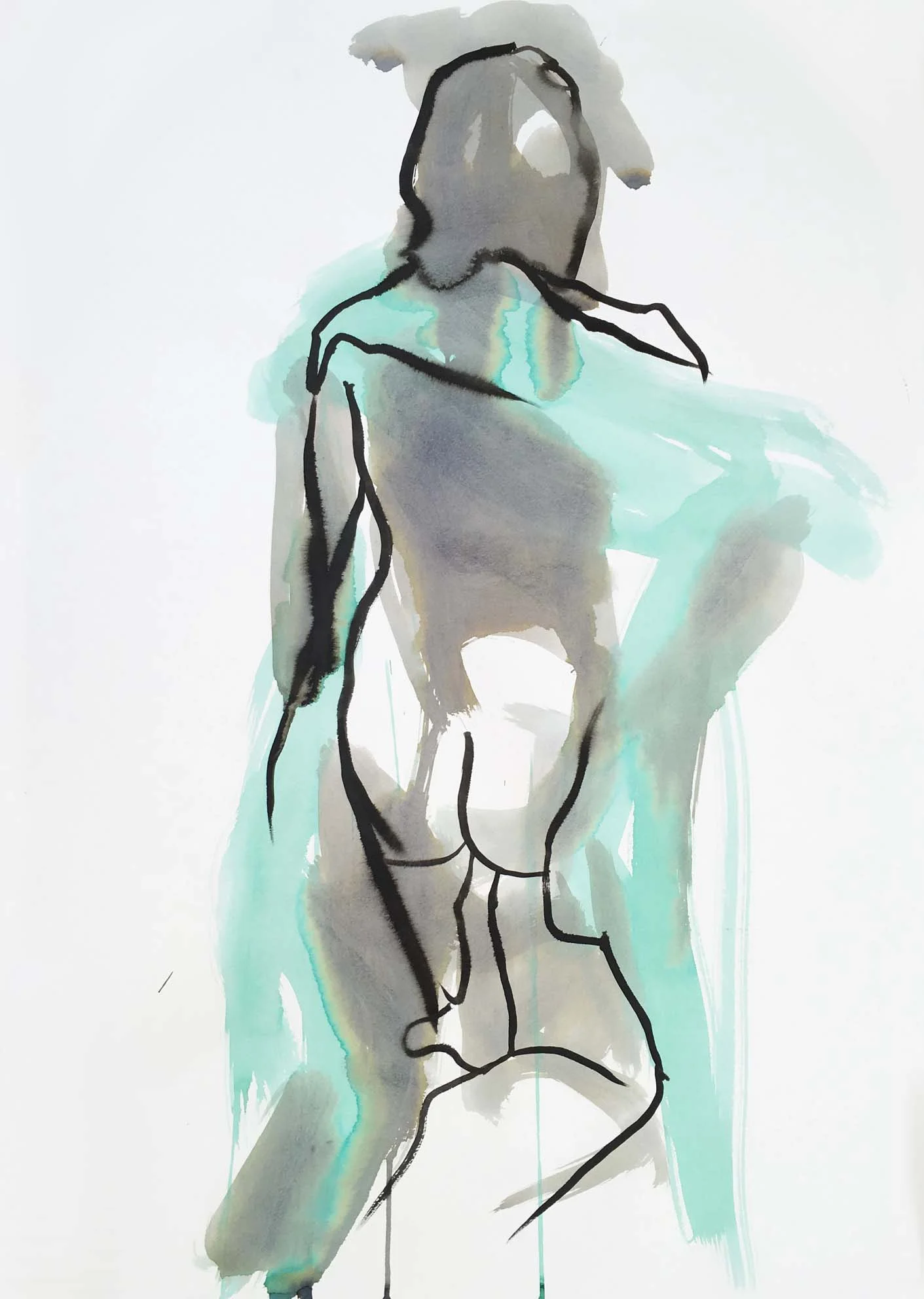 Woman with a Green Scarf III, 2017. Ink and wash on paper, w49 x h69cm.