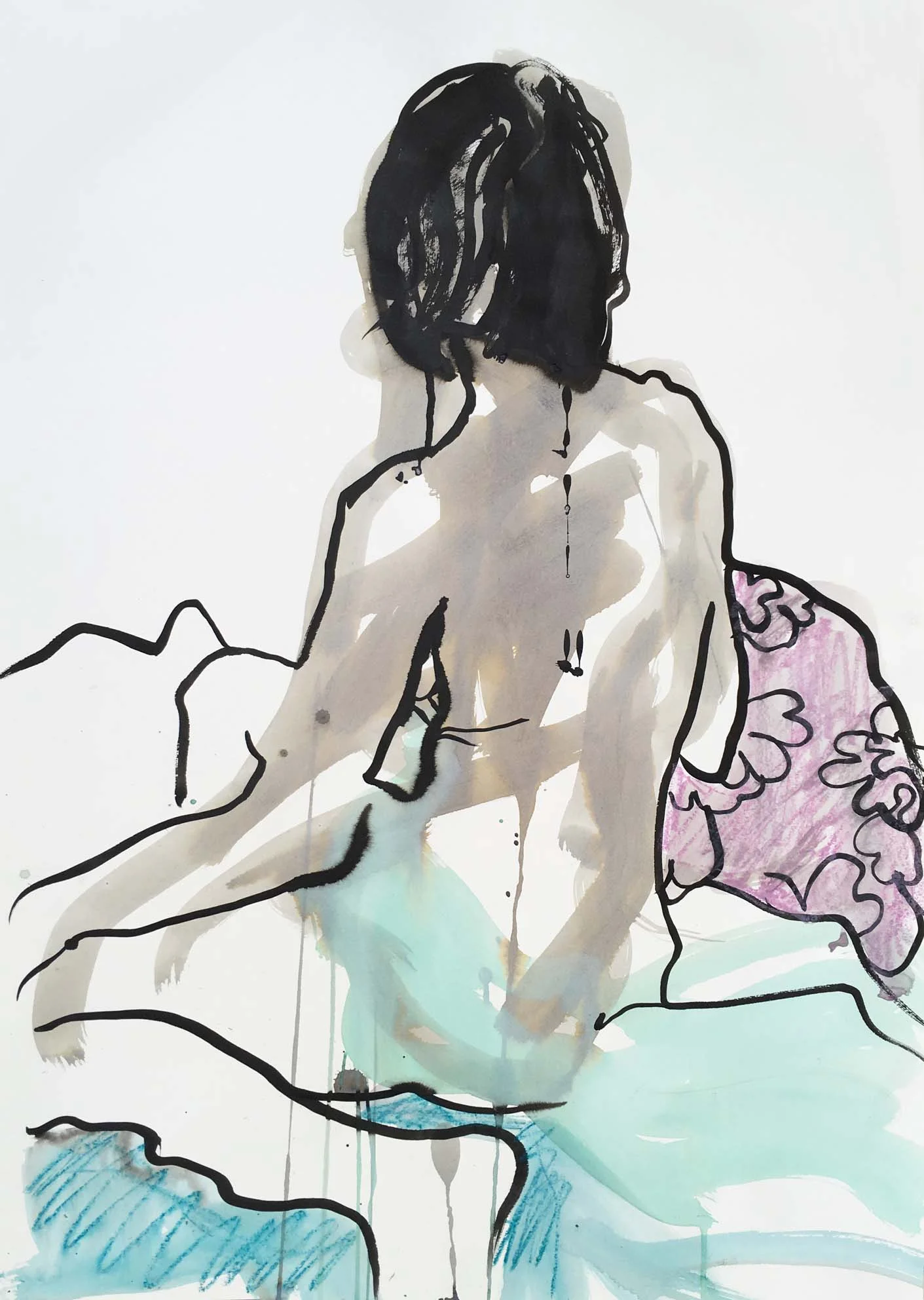 Woman with Floral Cushion, 2017. Ink and wash on paper, w49 x h69cm (73 x 53cm framed). SOLD. Limited edition giclée prints available