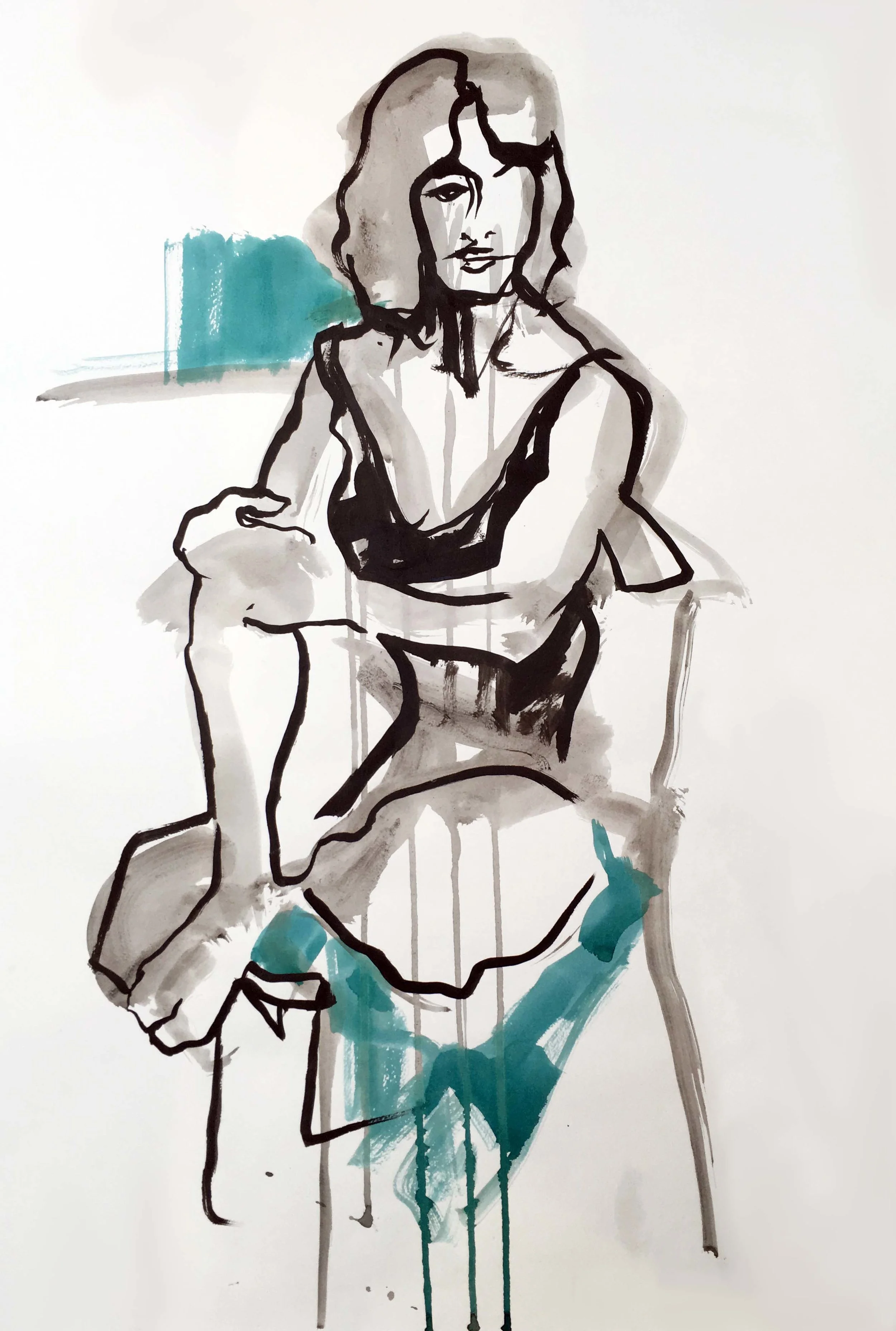 Woman in Black Dress I, 2016. Ink and wash on paper, w49 x h69cm (w53 x h73cm framed) SOLD. Limited edition giclée prints available