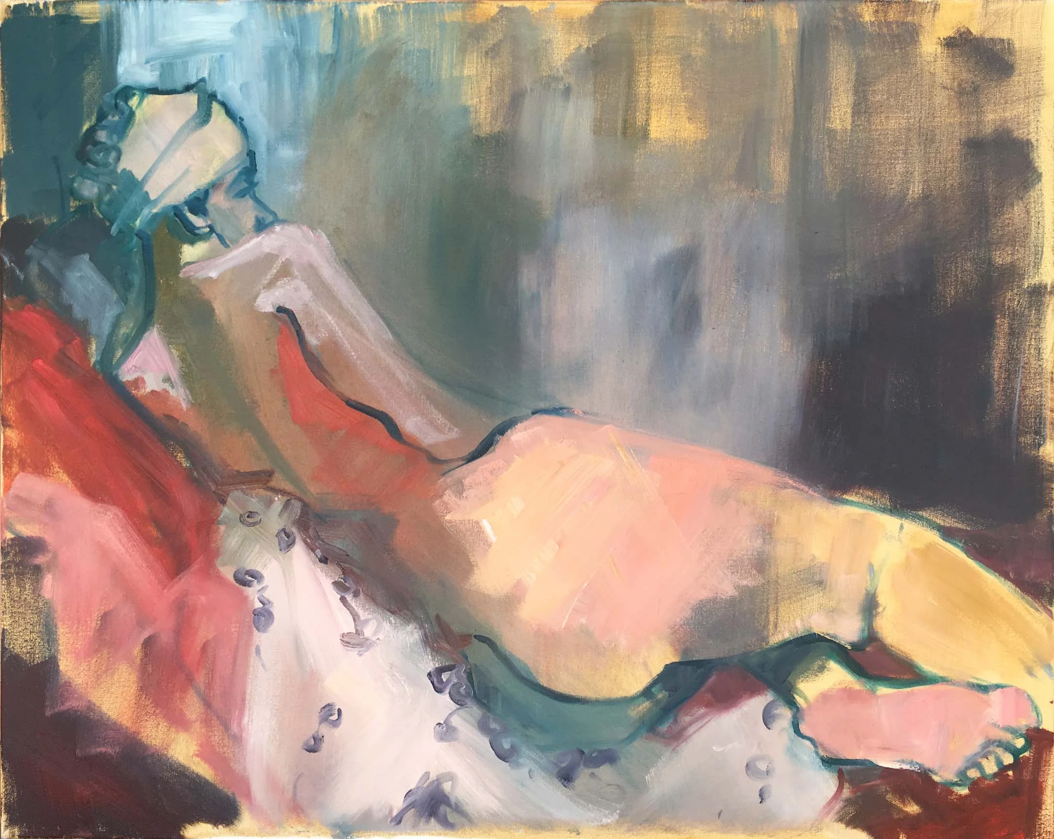 Woman with a Pink Foot, 2018. Oil on canvas, w76 x h61cm (w80 x h65cm framed). SOLD