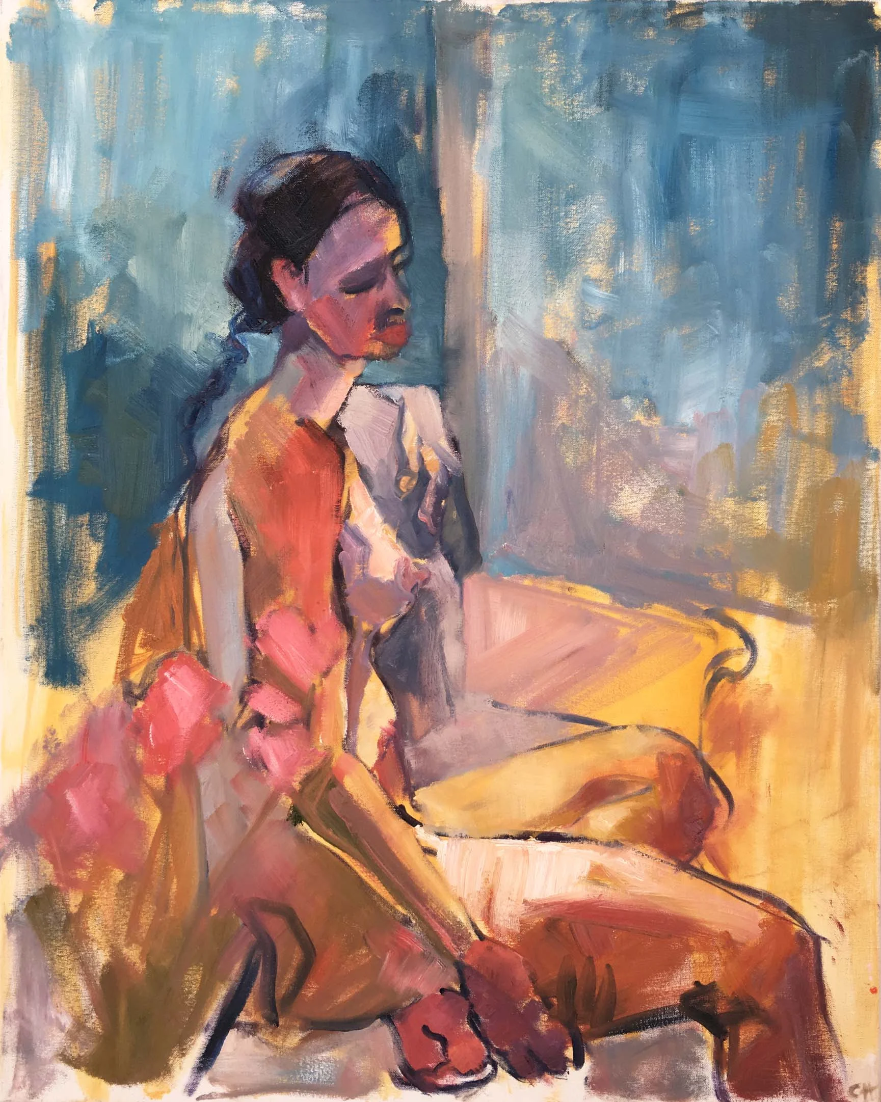 Woman Through Pink Flowers II. Oil on canvas, w61 x h76cm (w65 x h80cm framed).