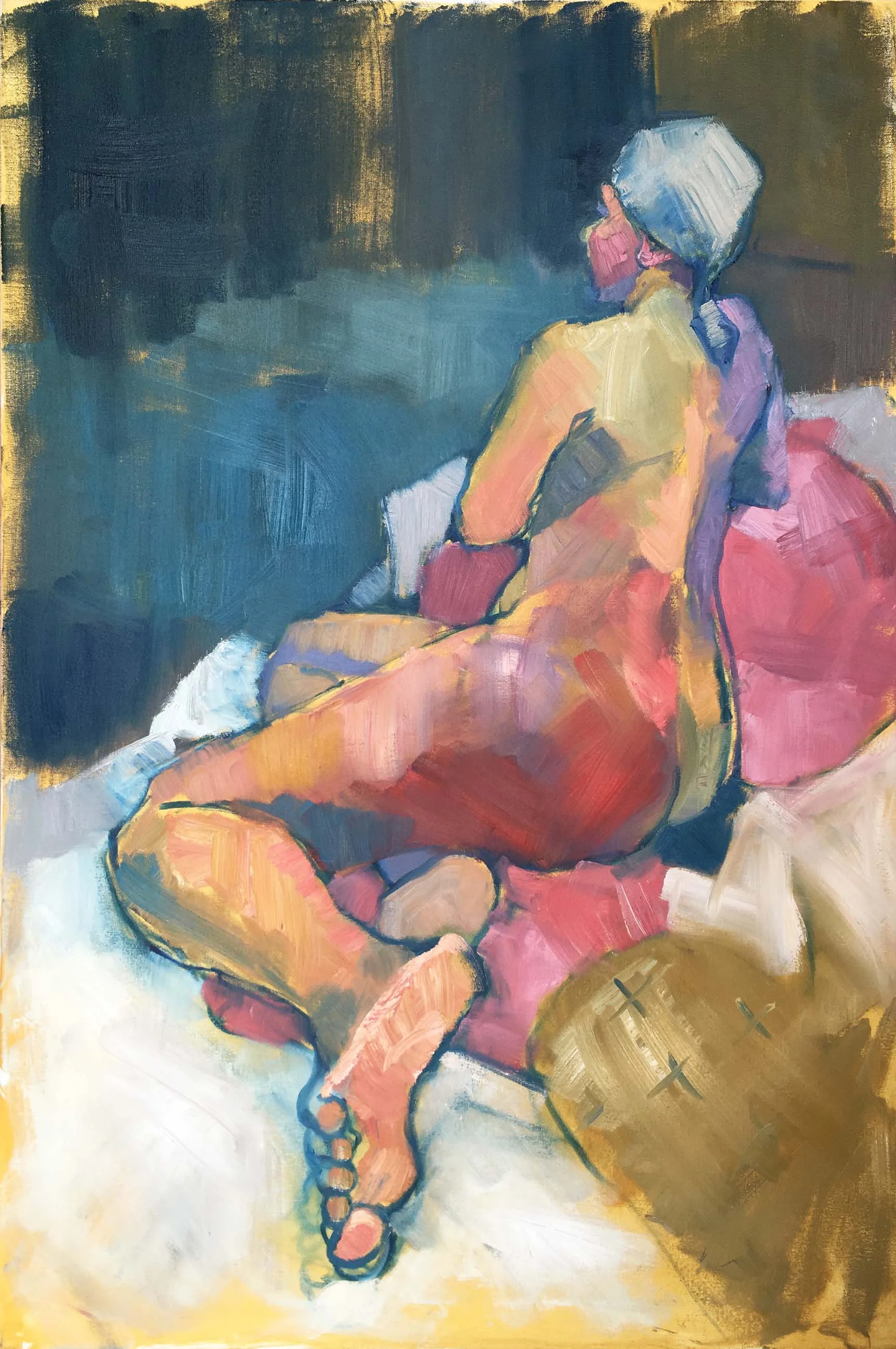 Woman with a White Headscarf, 2018. Oil on canvas, w61 x h91cm (w65 x h95cm framed). SOLD.