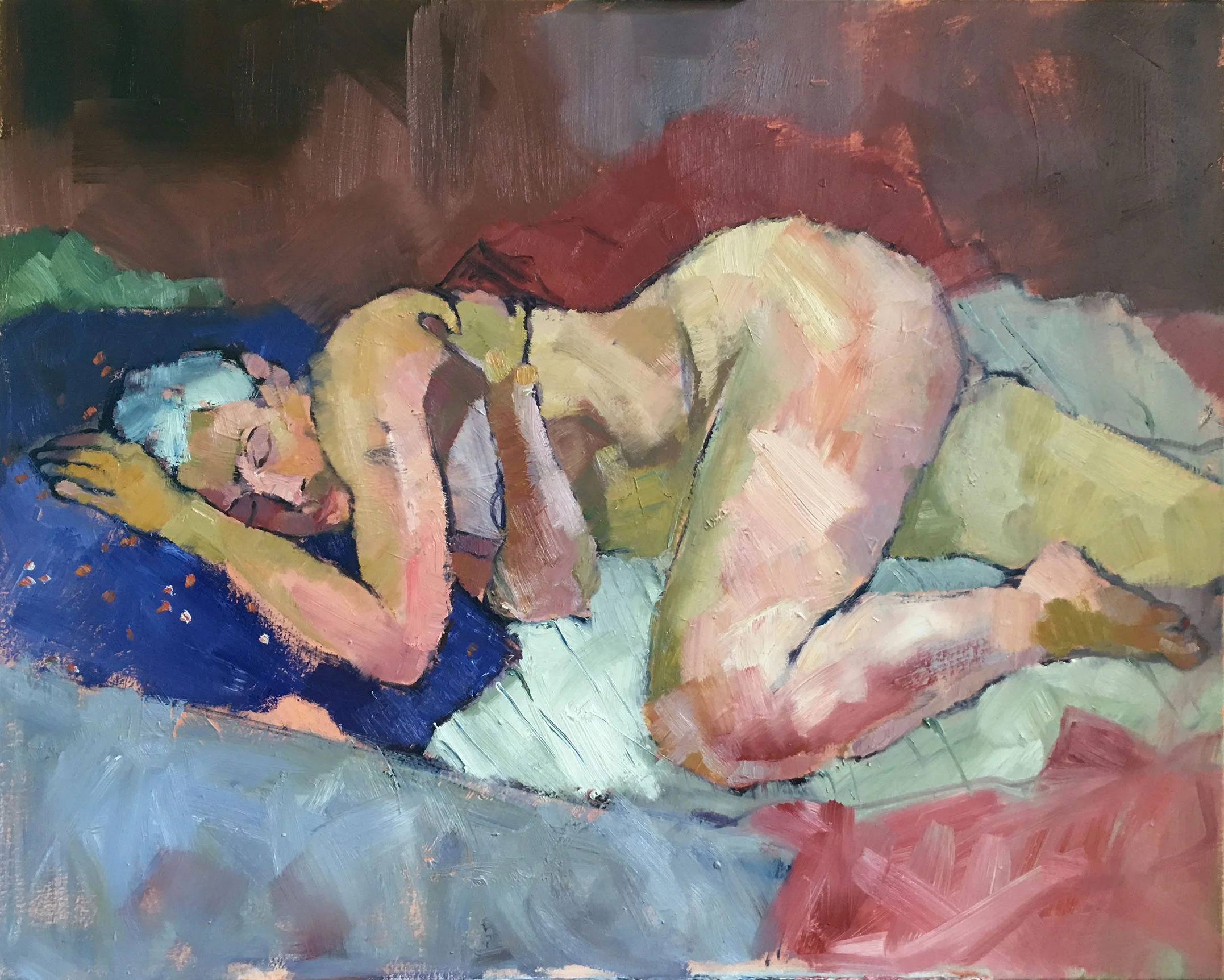 Woman Dreaming on a Blue Pillow, 2018. Oil on canvas, w76 x h61cm (w79 x h65cm framed).
