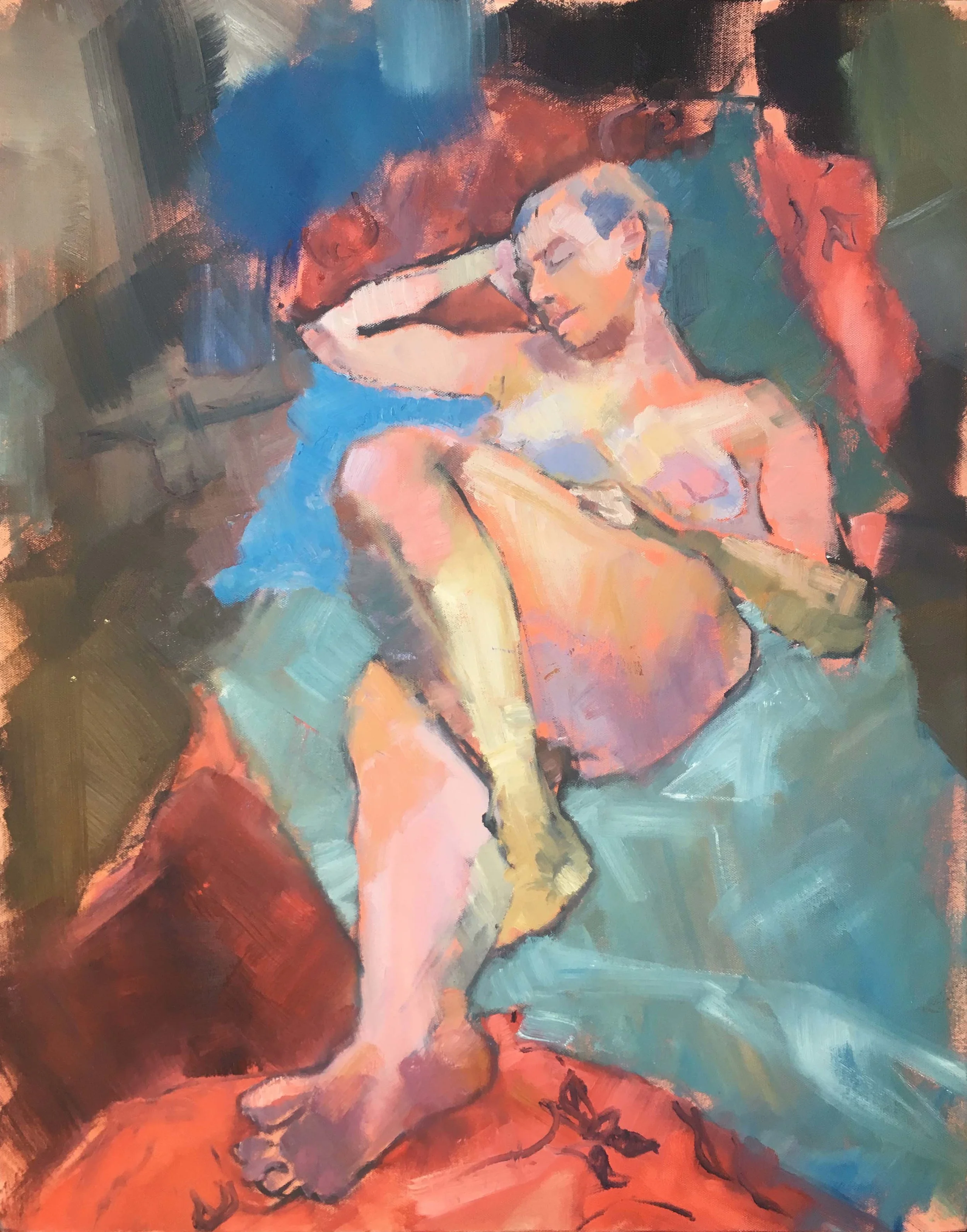 Reclining Woman with a Blue Cushion, 2018. Oil on canvas, w60 x h76cm (w64 x h80cm framed).
