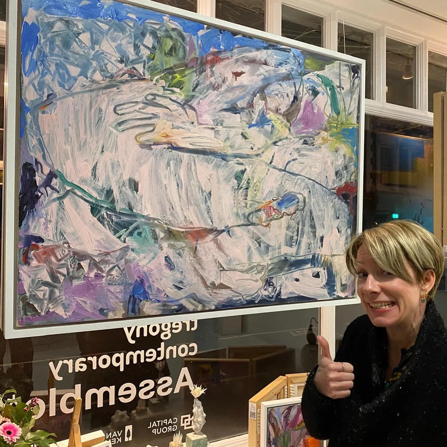 At ease in front of the camera as usual 😬. Wonderful opening of Assemble 26 on Portobello Road last night. Feeling so chuffed to be showing with this brilliant group of painters. Thank you so much Judi &amp; Brian for having me! And for my mate @ele