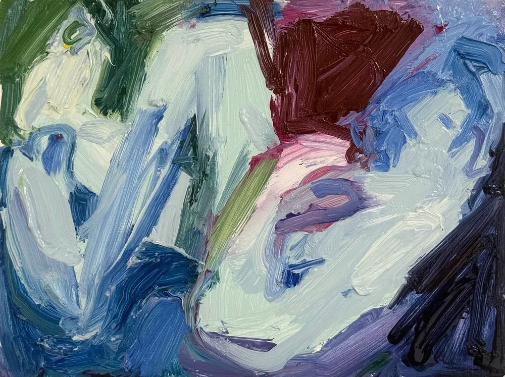 Small painting of @alexinthought. Made from a quick life drawing in my sketchbook where he was almost a perfect horizontal apart from his bent knee. It was fun to squash him into this shape. I made two of these, one after the other - the other is a t