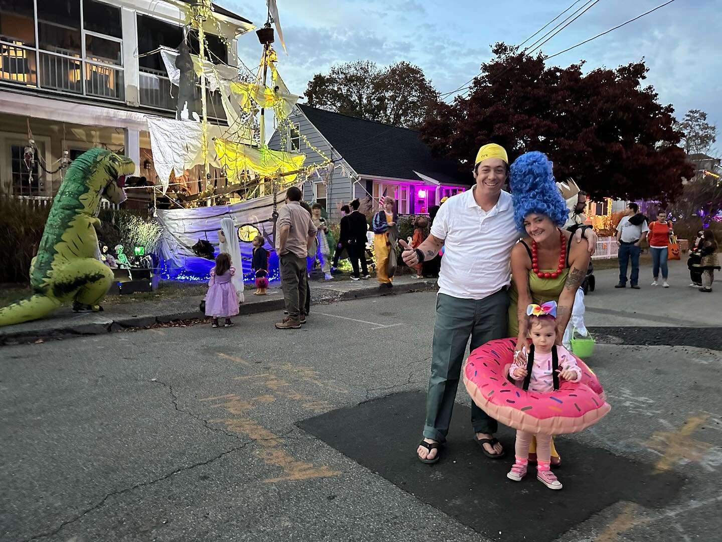 Fig (and my) first time trick or treating with best friend Shadow, Melissa, and Corey. Happy Halloween y&rsquo;all! Lisette nailed the pink donut costume
