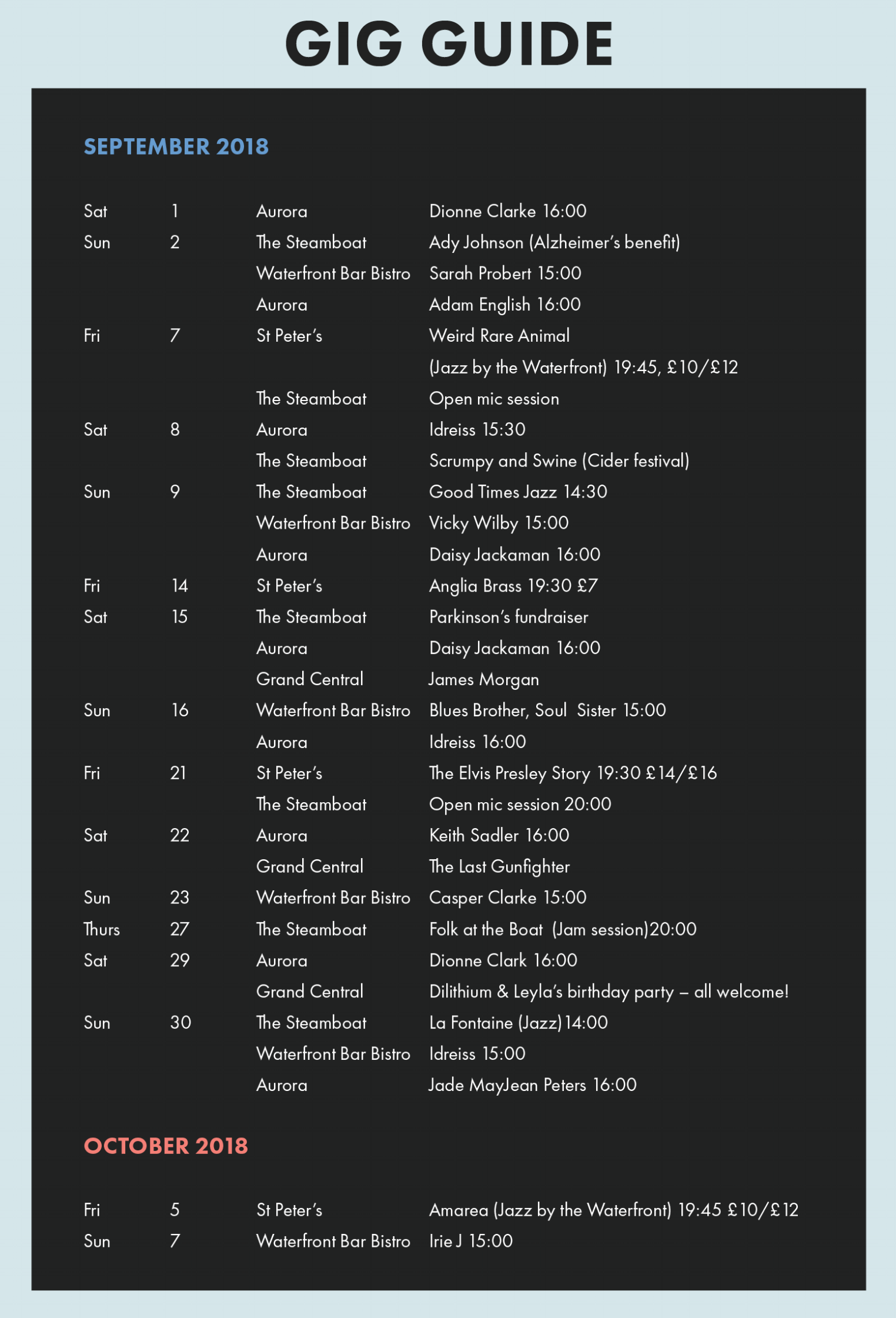 waterfront live gig guide september october 2018