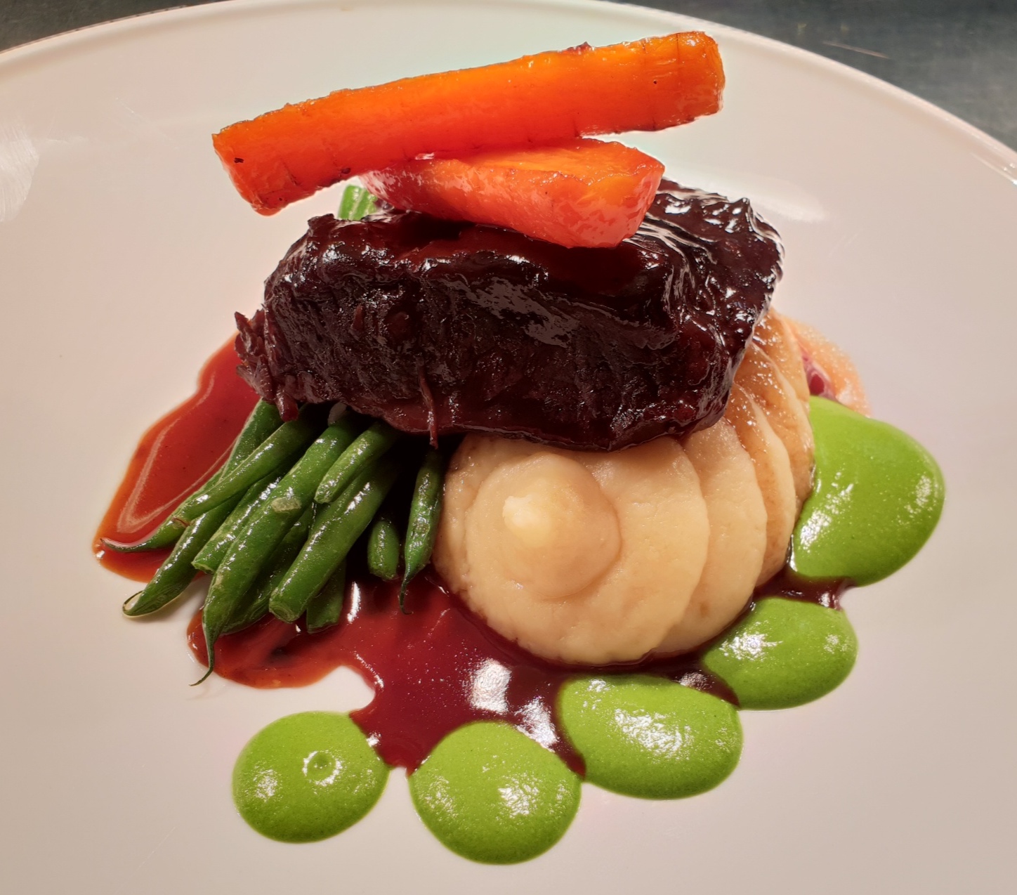 Beef featherblade, parsnip mash, broccoli and spinach, fine beans