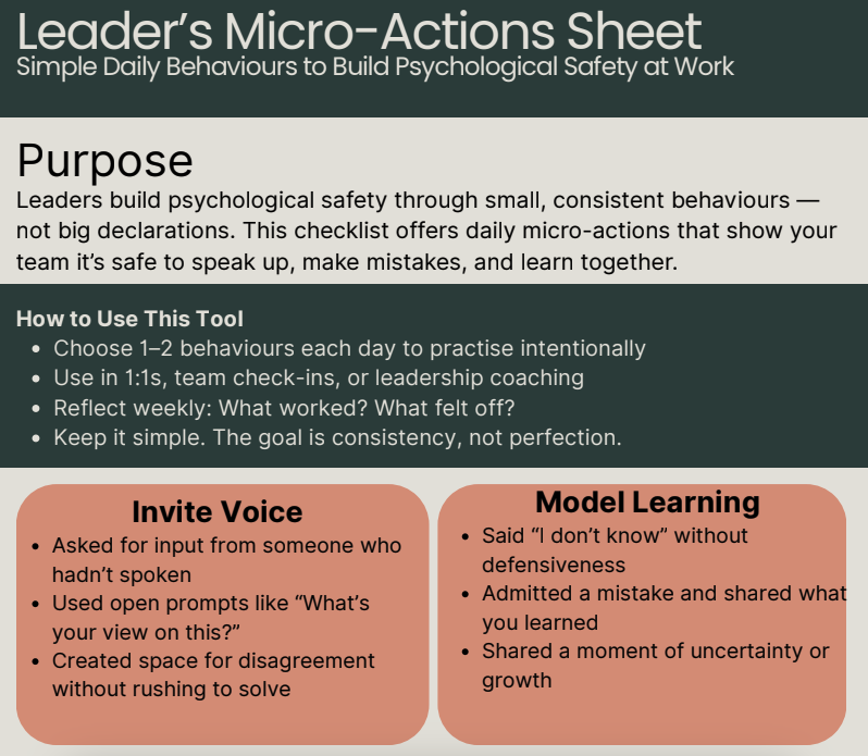 A leadership micro-action sheet titled 'Leaderβs Micro-Actions Sheet' with sections on purpose, how to use the tool, invite voice, and model learning, emphasizing small behaviors to build psychological safety at work.