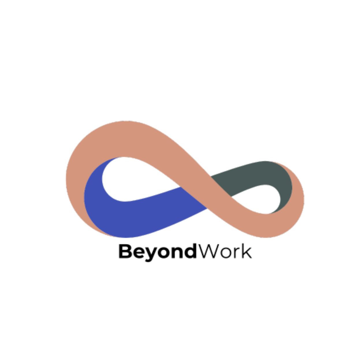 A stylized infinity symbol in three colors: beige, dark green, and blue.