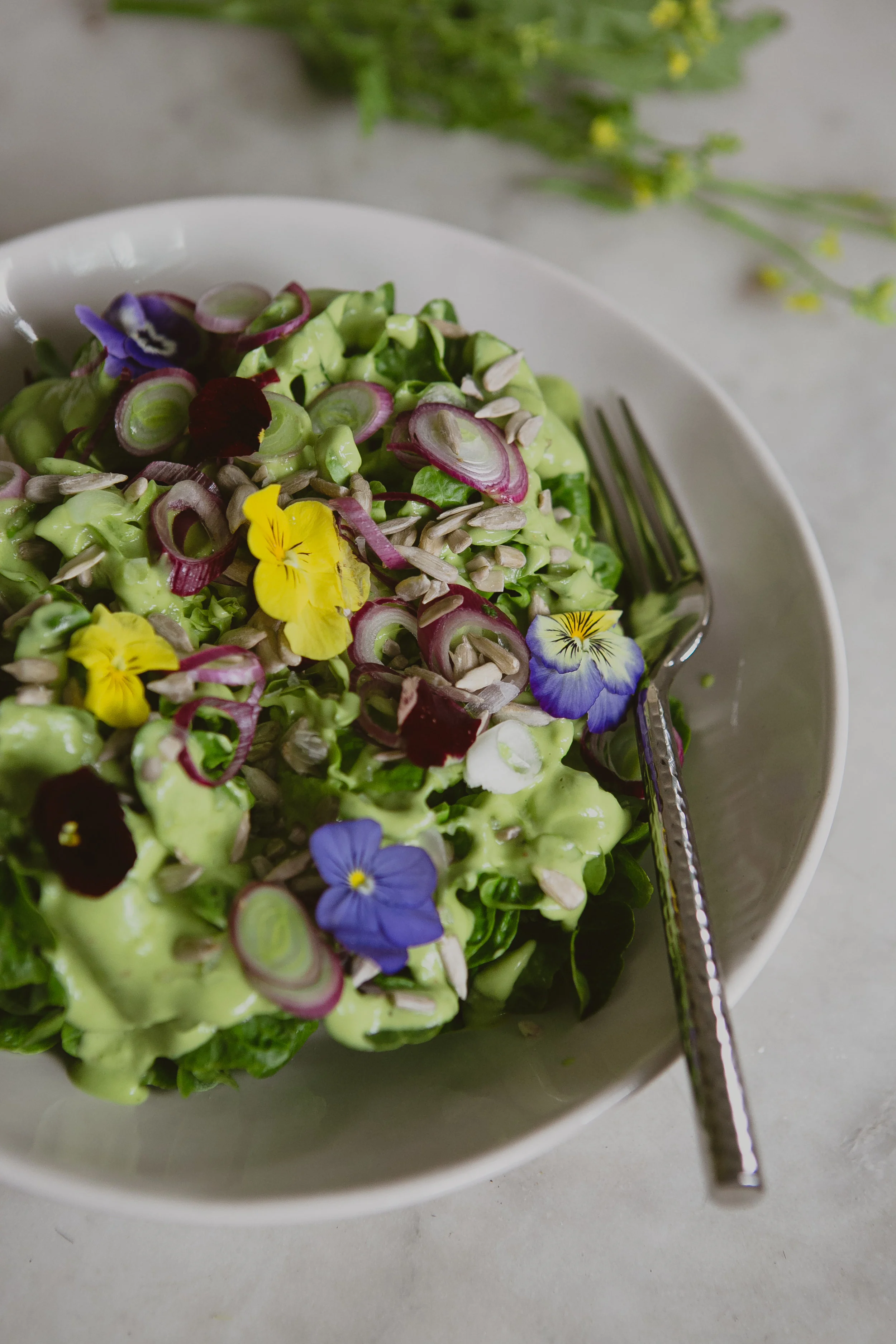 Seamus Mullen’s beautiful little gem salad with Green Goddess Dressing, shallot and sprouted sunflower seeds.