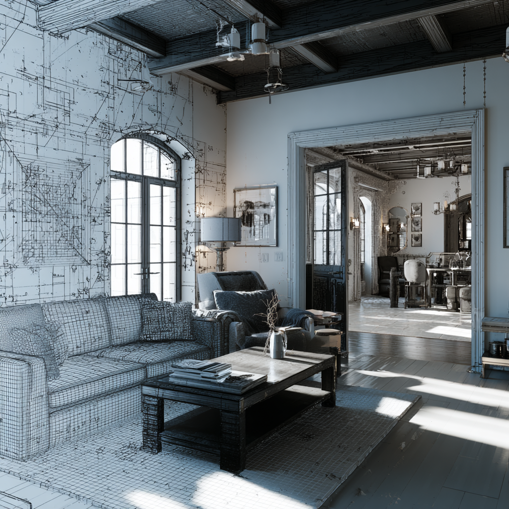 A living room with large windows, a couch, an armchair, a coffee table, and a wall with architectural sketches. An adjacent dining area is visible through a doorway, featuring a table, chairs, and pendant lighting.