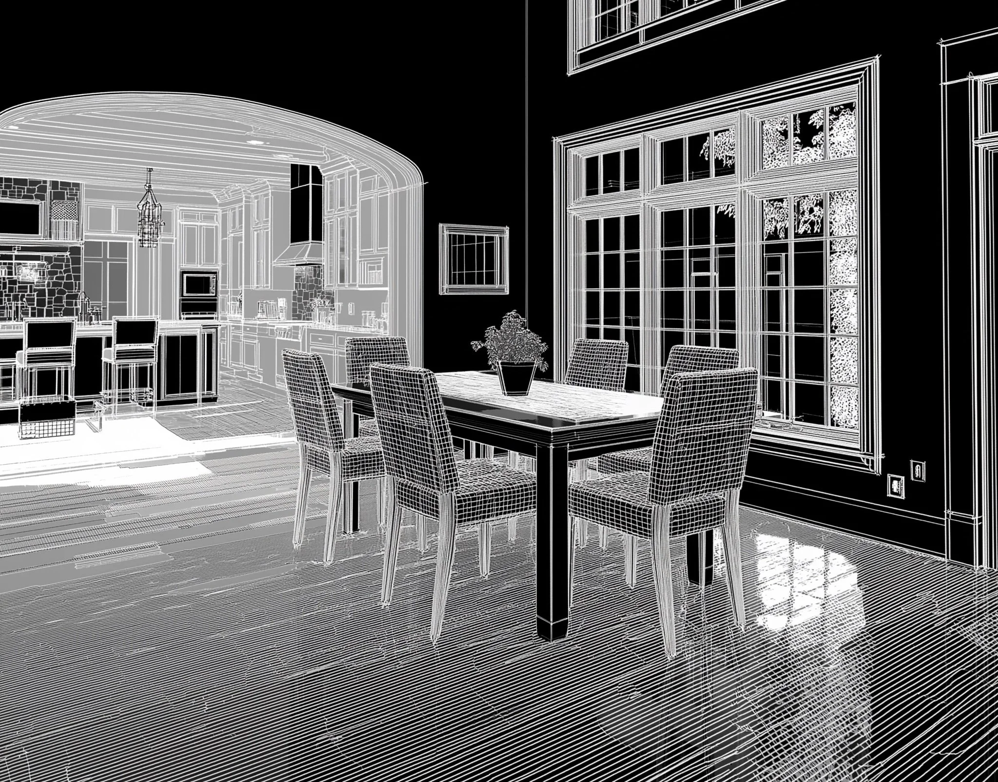 A 3D wireframe rendering of a modern open-concept kitchen and dining area with large windows and furniture.