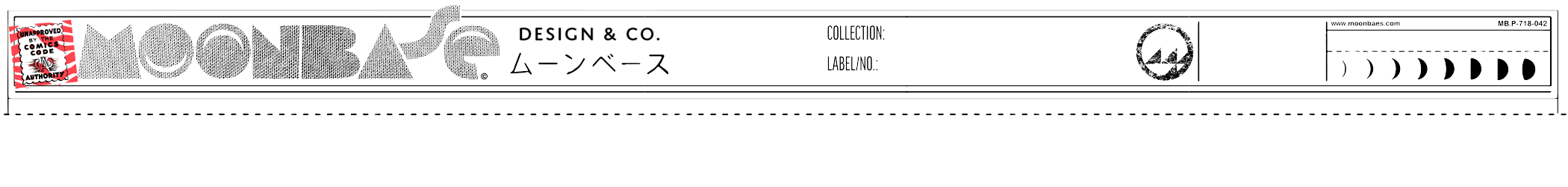 A black-and-white design label with Japanese characters, the word 'MOONBASE,' and various symbols, including a moon phase series and a recycling icon.