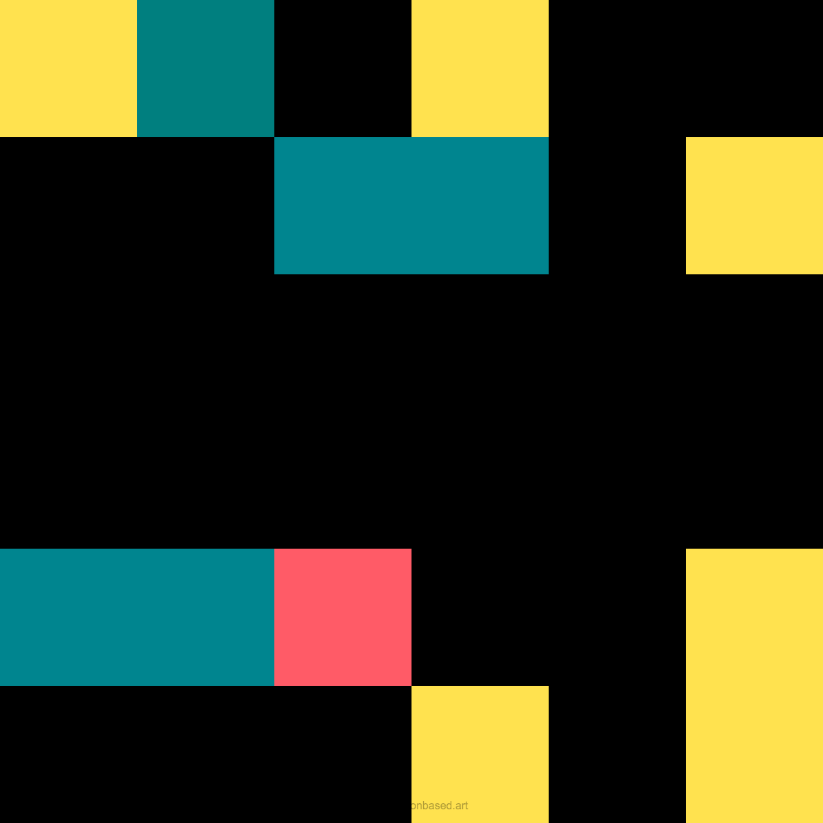 Abstract geometric artwork with squares and rectangles in yellow, teal, black, and pink.