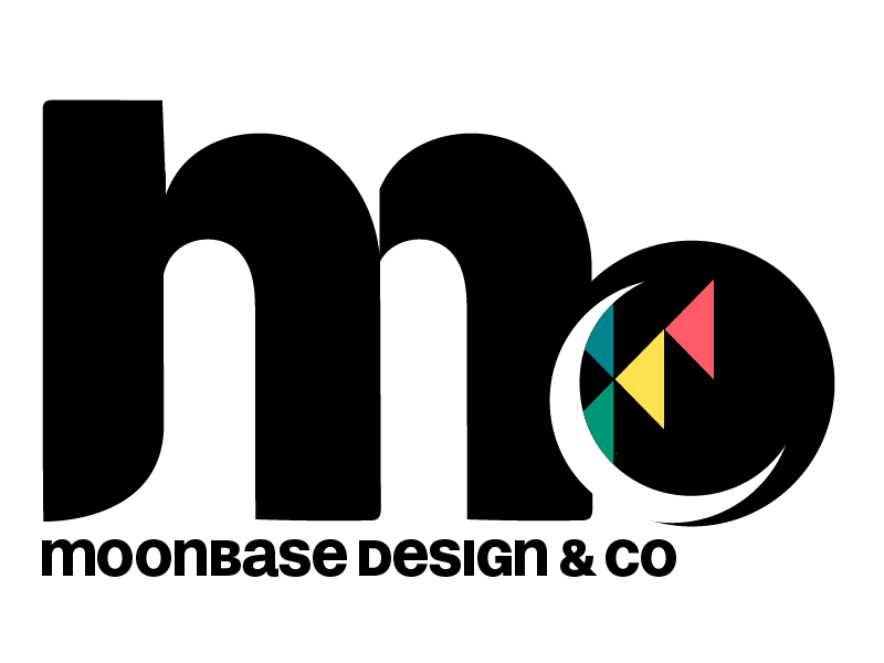 Logo for Moonbase Design & Co, featuring stylized black lowercase letters 'm' and 'o' with the company name below, and a black circle with colorful geometric shapes inside.