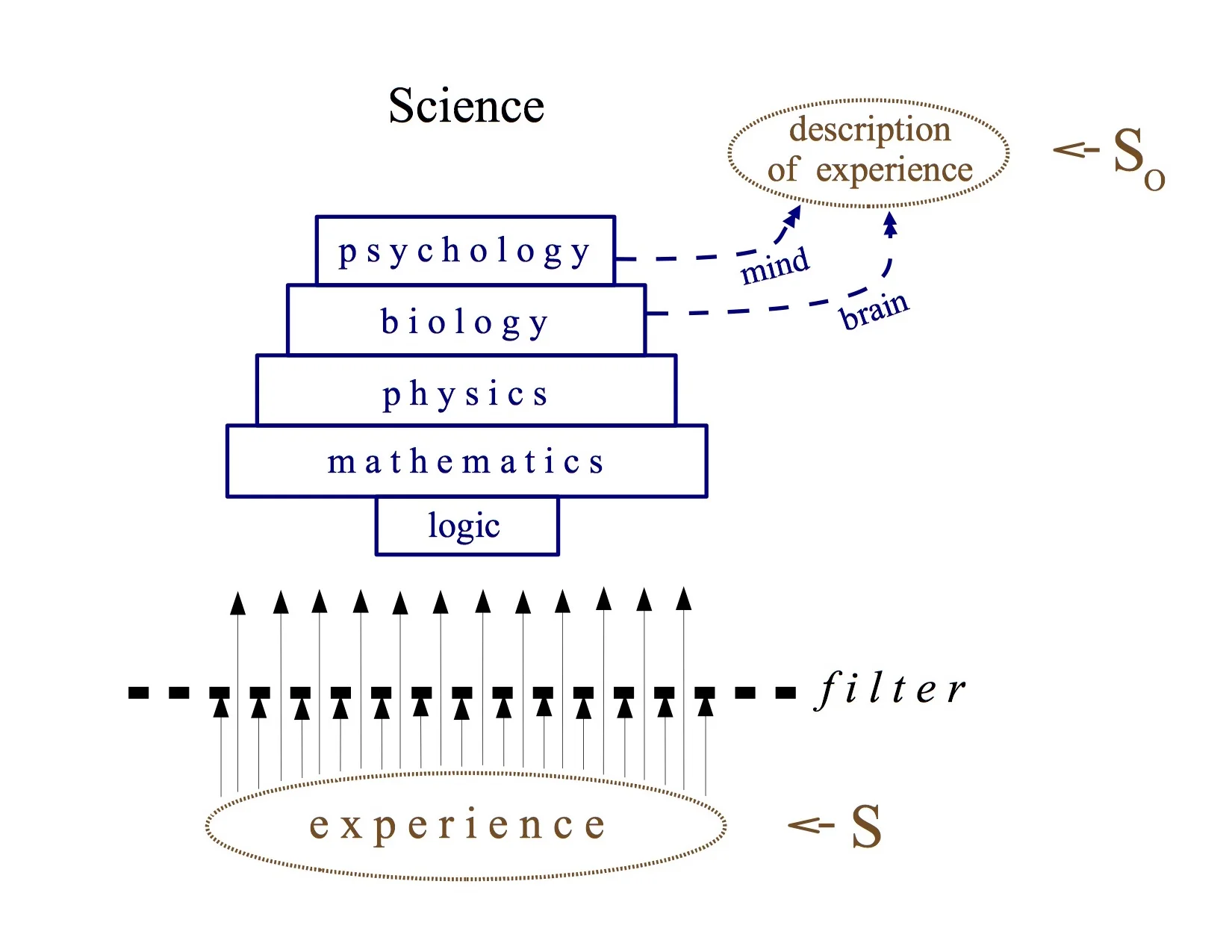 A slide from my keynote speech. The third-person view of a subject (So) is a description, and very different from the first-person subject (S) that it is derived from, after passing direct experience through a filter that only allows scientific descriptions, followed by further processing.