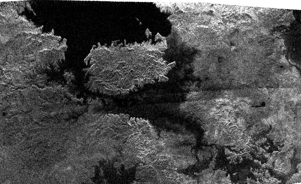A picture of lakes and islands on Titan, from NASA's Cassini mission.