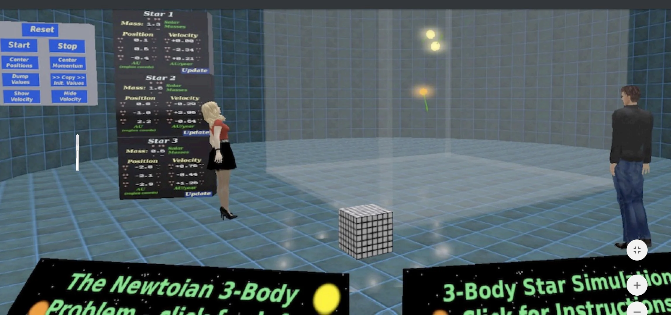 Open-Sim as a lab: the gravitational 3-body problem demonstrated