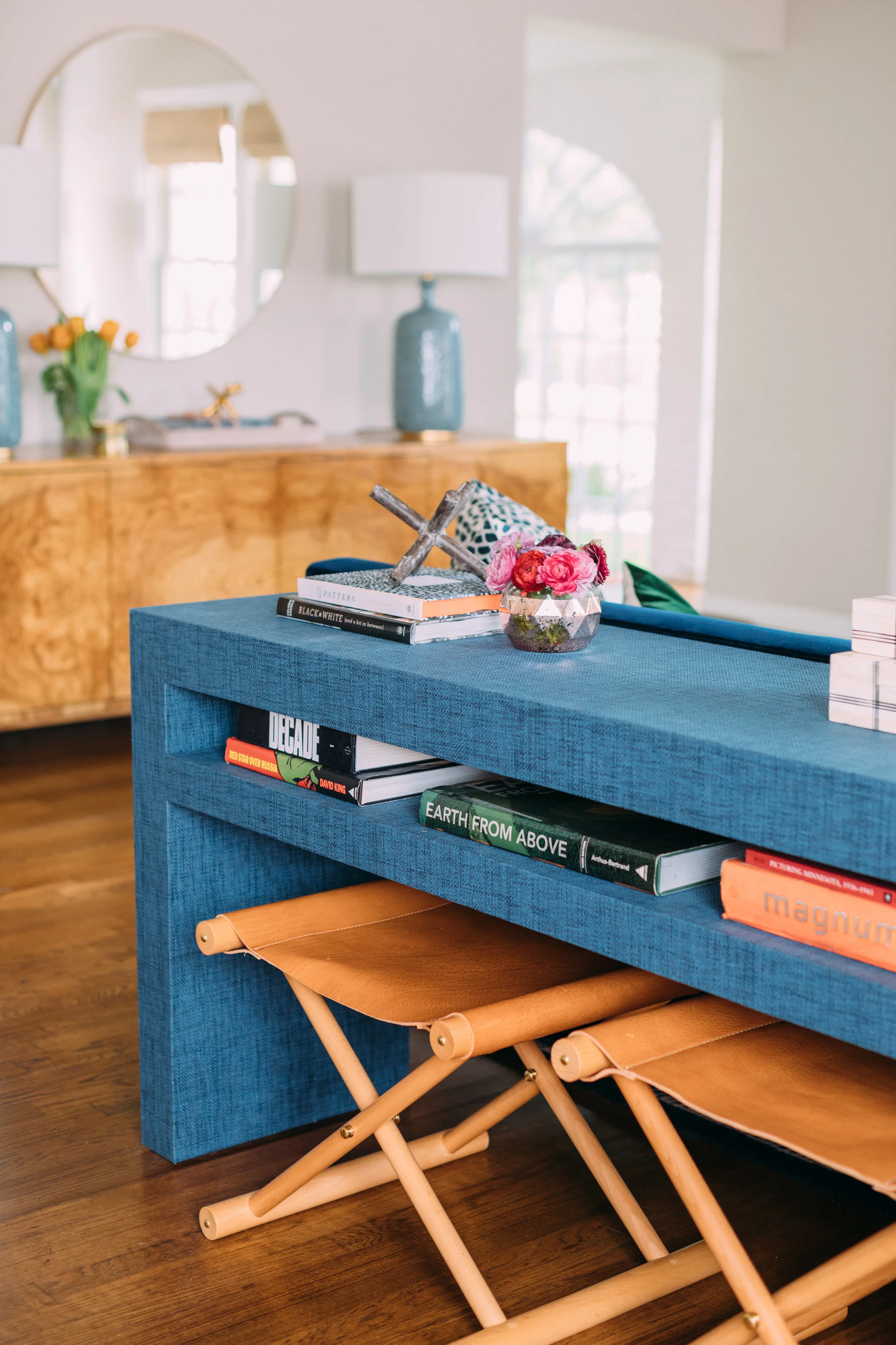 CEH Dollins in burlwood + CEH papered 2 shelf console as photographed by Kelly Christine Sutton, Work of Katie Davis Design