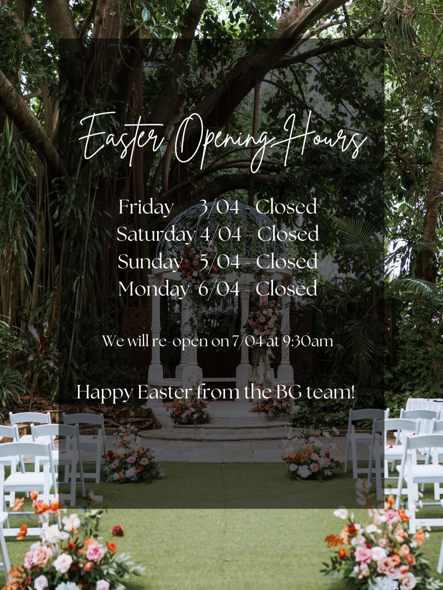 Hoppy Easter! 🐰 
Here&rsquo;s a quick look at our holiday hours so you can plan your visit. Wishing you a joyful and relaxing weekend ahead! 🐣