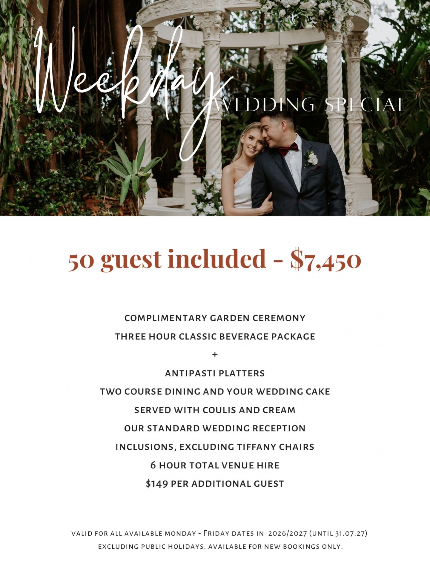Dreaming of your perfect wedding without the weekend price tag? 💍✨

At Boulevard Gardens, our weekday specials let you celebrate your big day in style while keeping more in your budget for what really matters&hellip; your honeymoon 🌴✈️

Enquire now