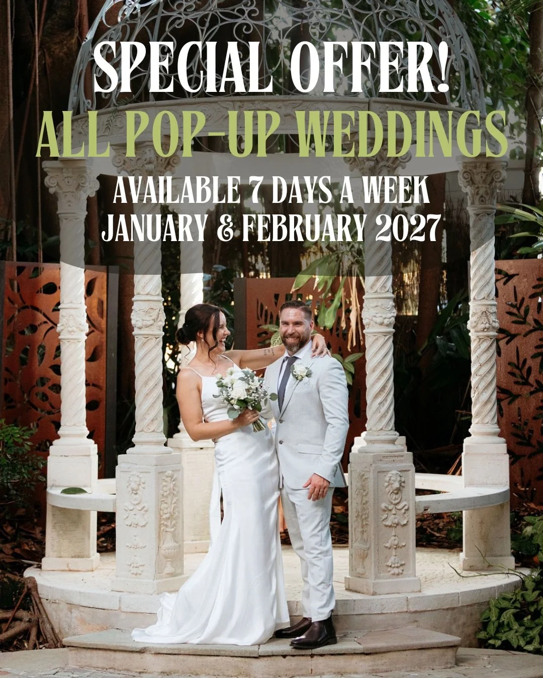 ✨ SPECIAL OFFER ✨
Say &ldquo;I do&rdquo; your way with our Pop-Up Weddings at Boulevard Gardens 💍🌿
Available 7 days a week throughout January &amp; February 2027.
Perfect for couples wanting a beautiful, intimate, stress-free celebration.
Limited d
