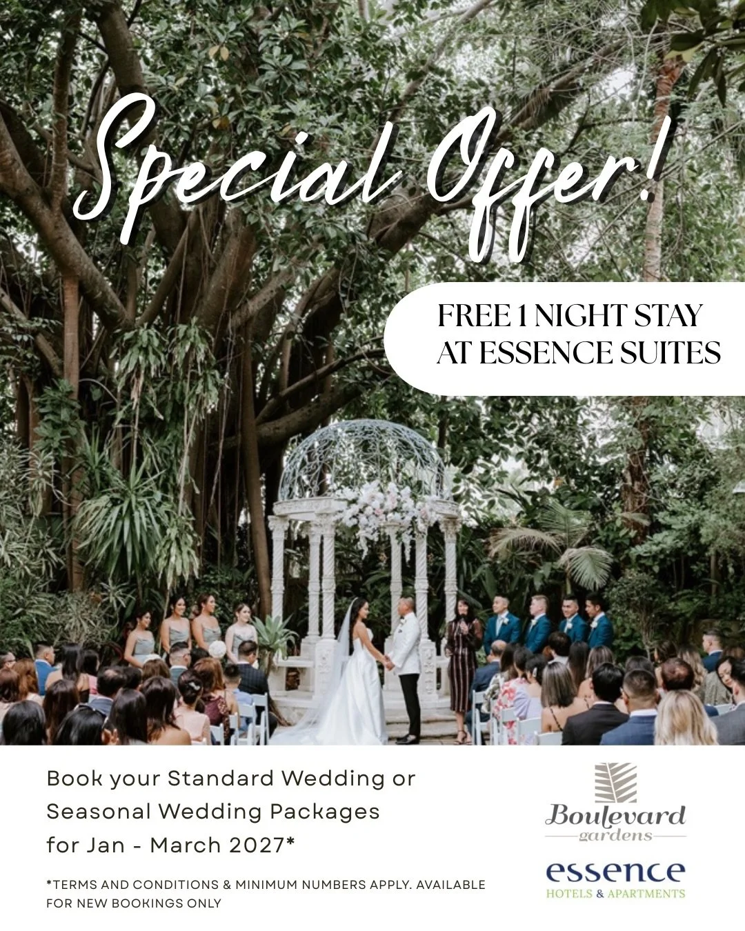 Book your Standard or Seasonal Wedding Package for Jan&ndash;March 2027 and receive a FREE 1-night stay @essencesuitestaringa 💍🌿 Limited offer for new bookings only.

#BoulevardGardens #EssenceSuites #WeddingPromo #DreamWedding #WeddingVenue Bridal