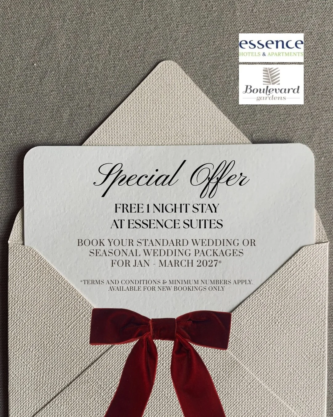 Book your Standard or Seasonal Wedding Package for Jan-March 2027 and receive a FREE 1-night stay at @essencesuitestaringa.
Limited offer for new bookings only.

#boulevardgardens #essencesuites #weddingpromo #brisbaneweddings #brisbaneweddingvenue
