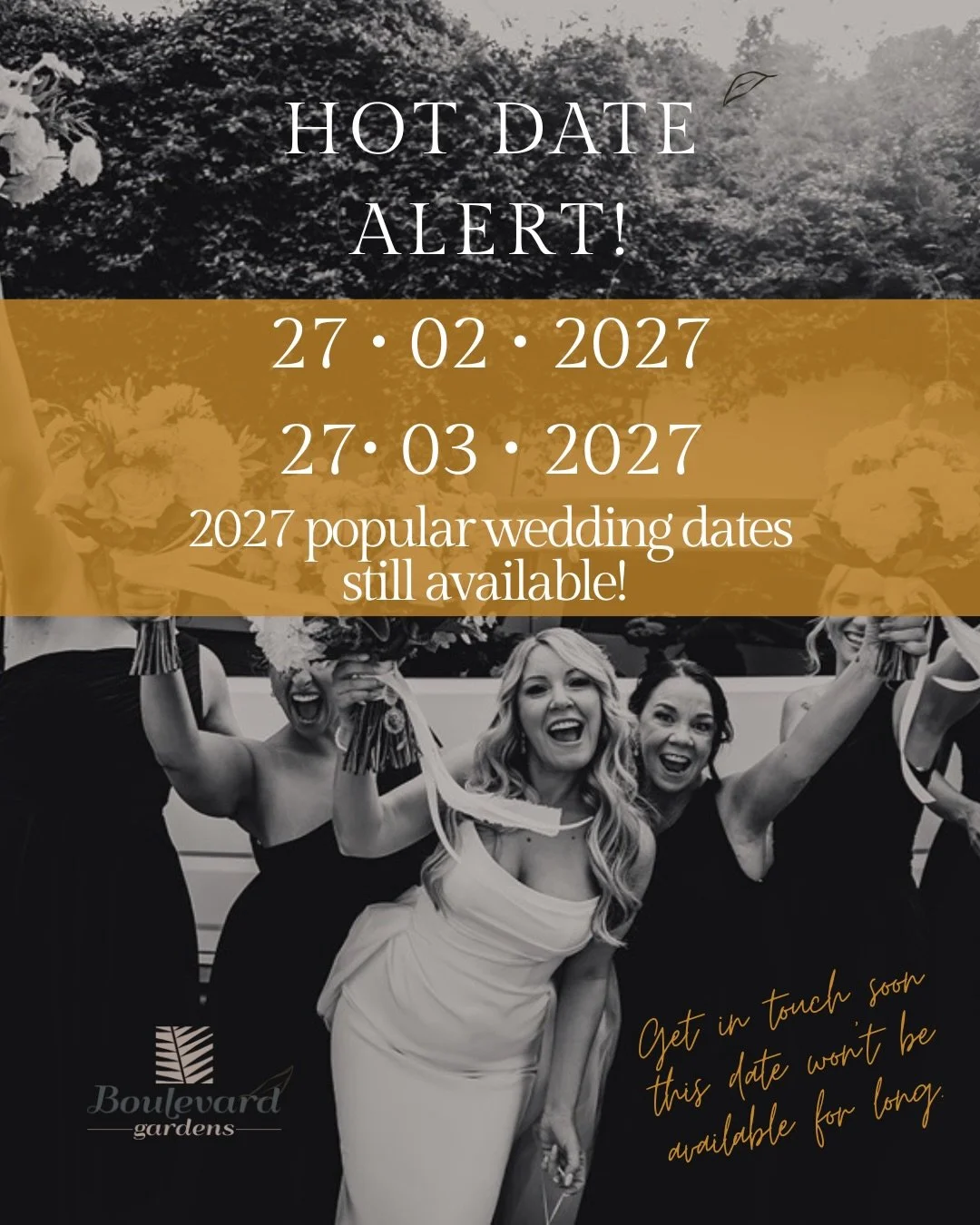 Popular wedding dates in 2027 is still available. 💍
Dates like this don&rsquo;t stay free for long, enquire now to secure it before someone else does.