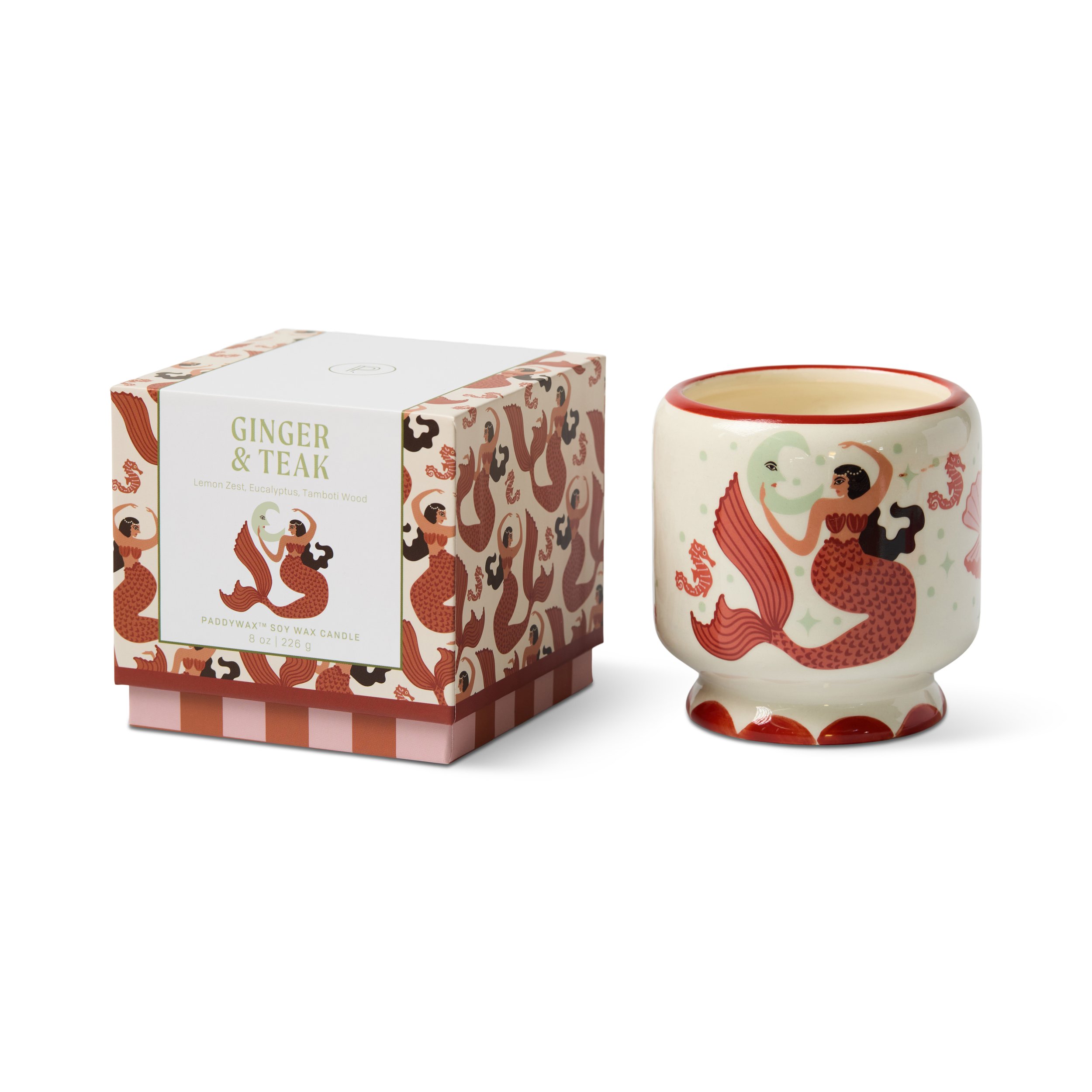 A Dopo 8 Oz Hand painted Mermaid & Moon Ceramic Candle | Ginger & Teak