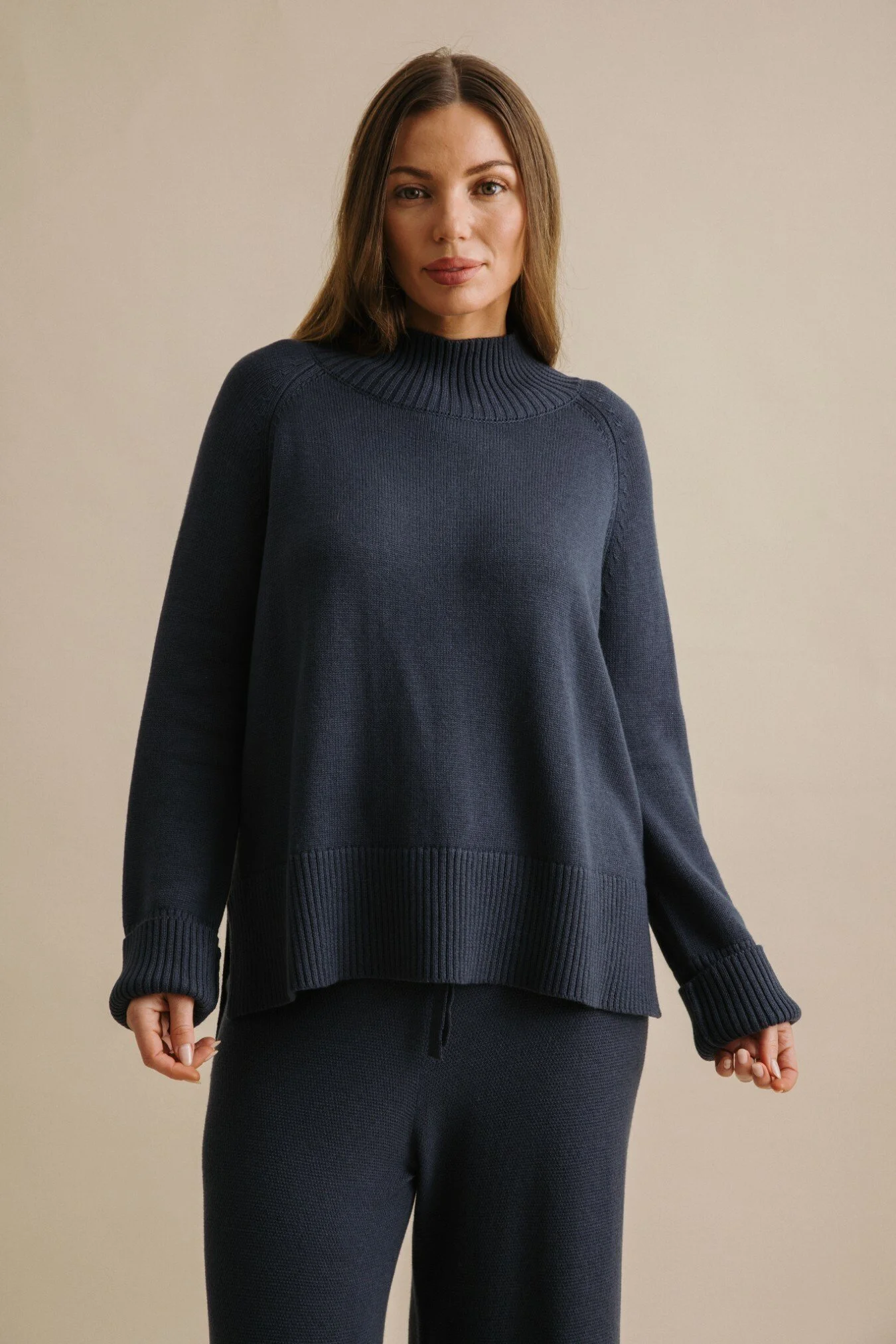 Talamaya | Harmony Merino Cotton Mock Neck Pullover | Lake