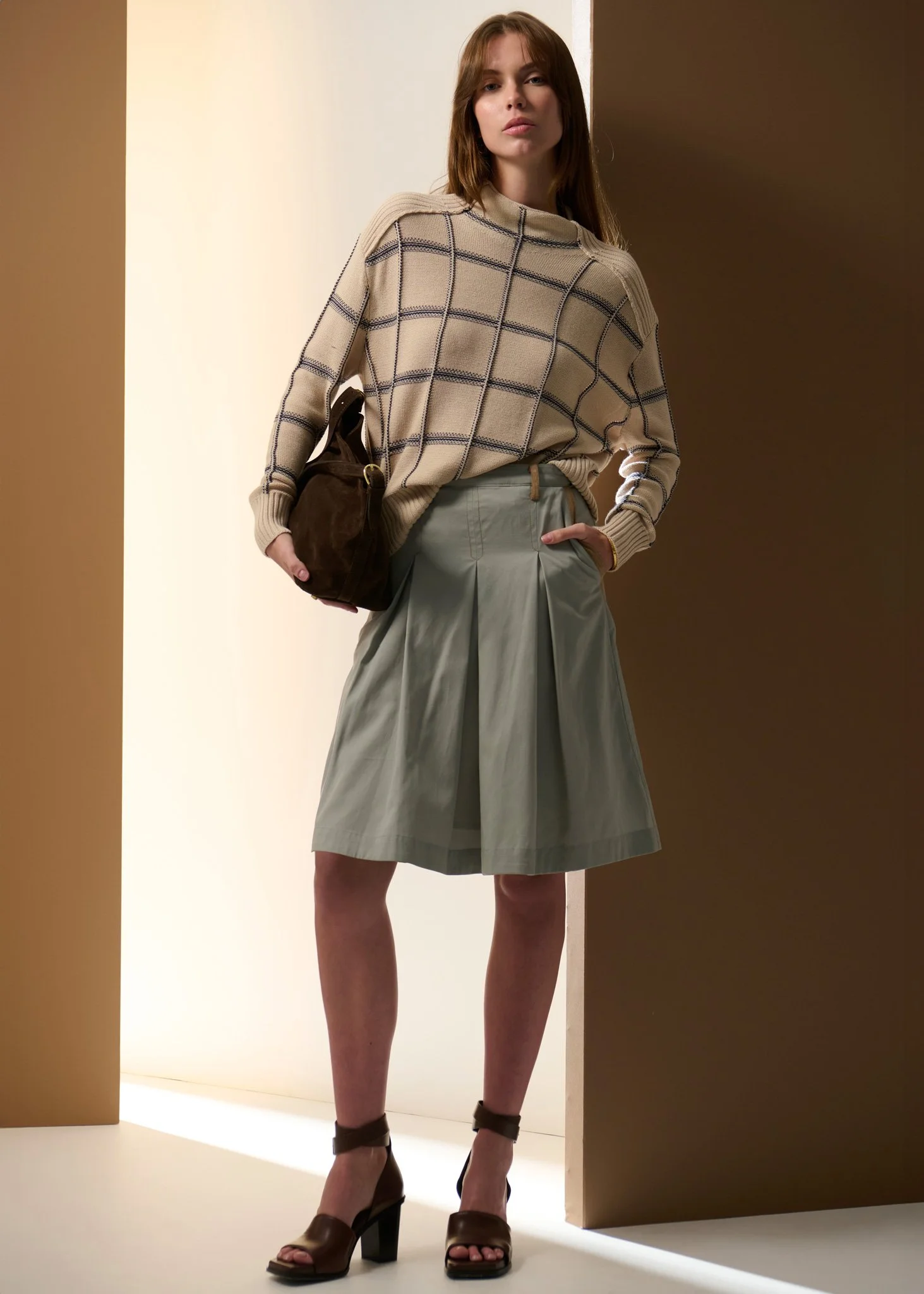 POL | Sable Check Funnel Neck Knit | Choc/Pebble | Ink/Choc