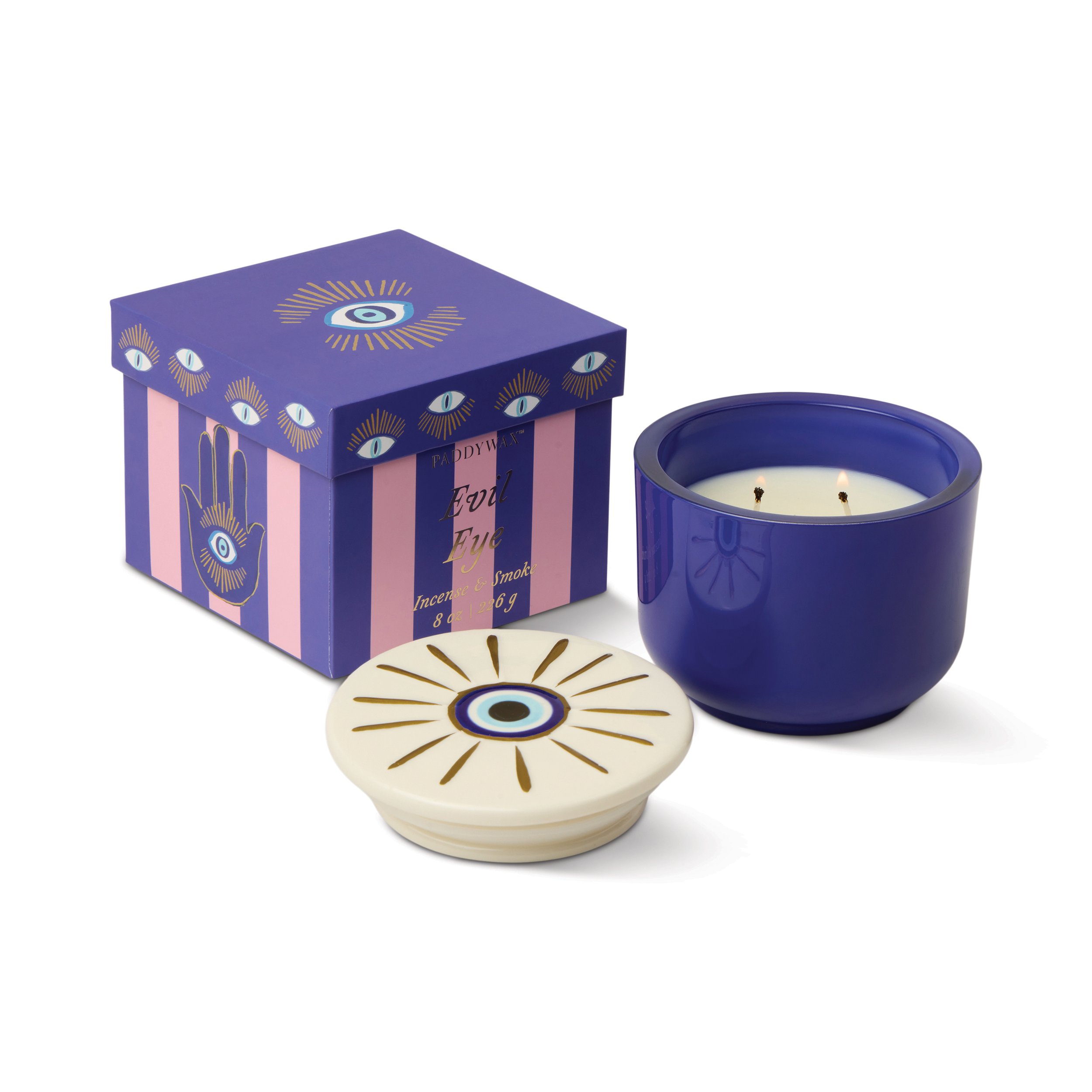 Paddywax | Charmed 8oz Candle with Lid | Evil Eye Incense & Smoke