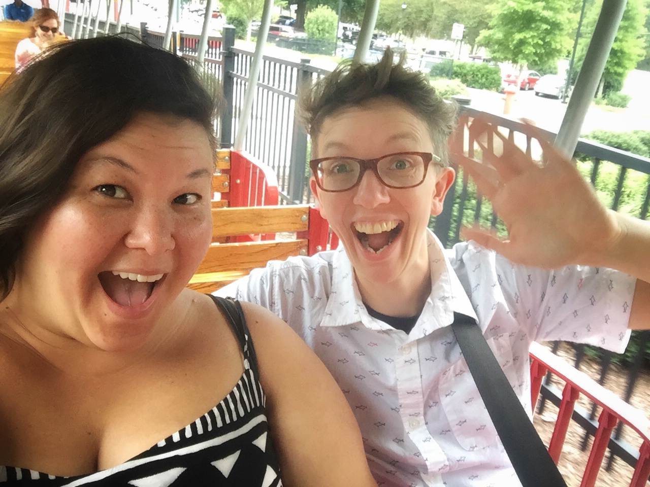Riding the kiddie train on Rachel's birthday. Pullen Park, September 2017.