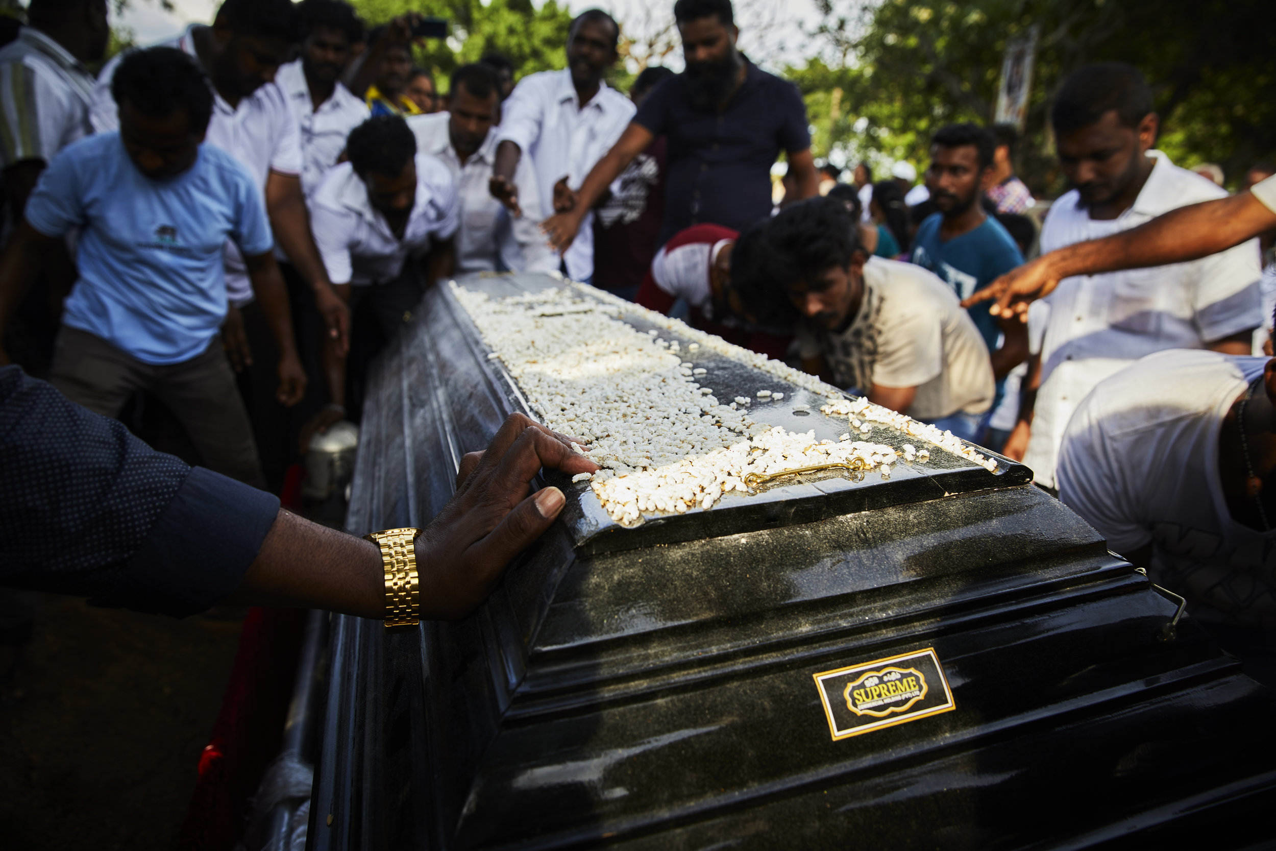  Family and Friends carry the casket of deceased, Loganathan Ramesh, 31 yrs old, who died on April 21, 2019 in the St.Anthony's Bomb explosion on easter Sunday. They will take the casket to his local church for blessings and then on to the cemetary f