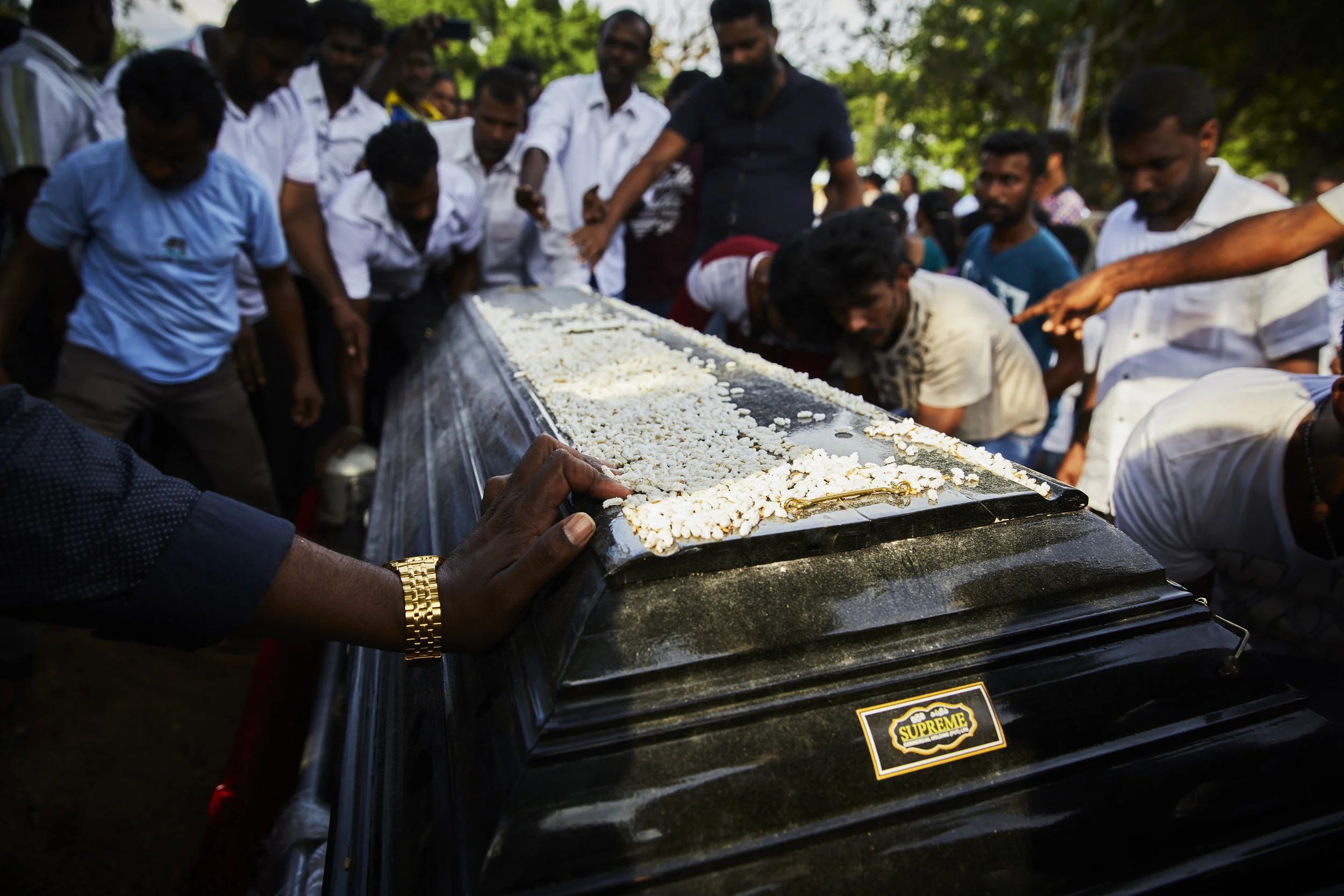 Family and Friends carry the casket of deceased,
Loganathan Ramesh, 31 yrs old, who died on April 21,2019 in the St.Anthony's Bomb explosion on easter Sunday. They will take the casket to his local church for blessings and then on to the cemetary for burial.