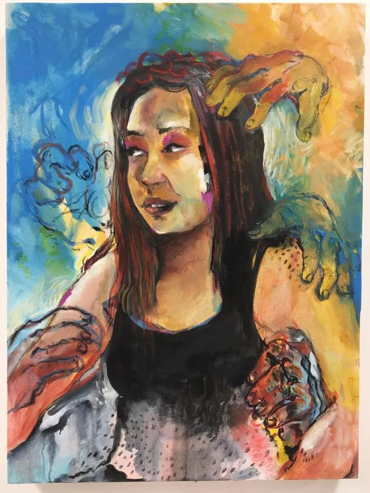 Heavy , oil paint, charcoal, pastel, and graphite on canvas.