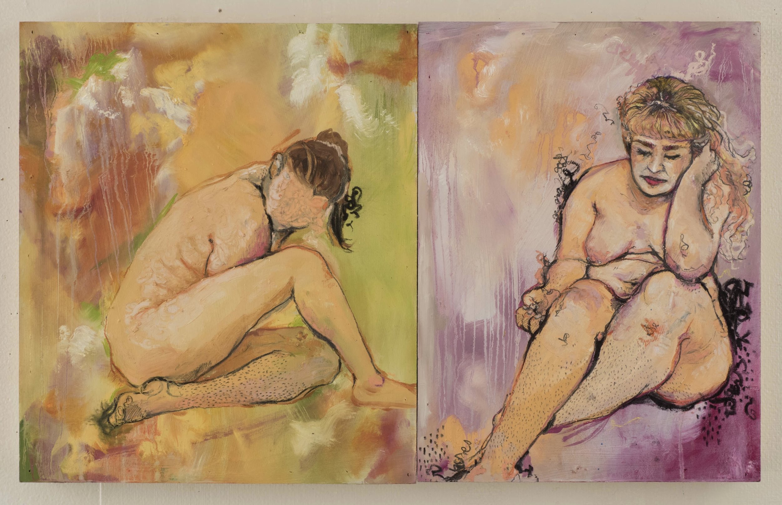 Skin Picking oil paint, pastel, charcoal, and graphite on panel 16" x 26"