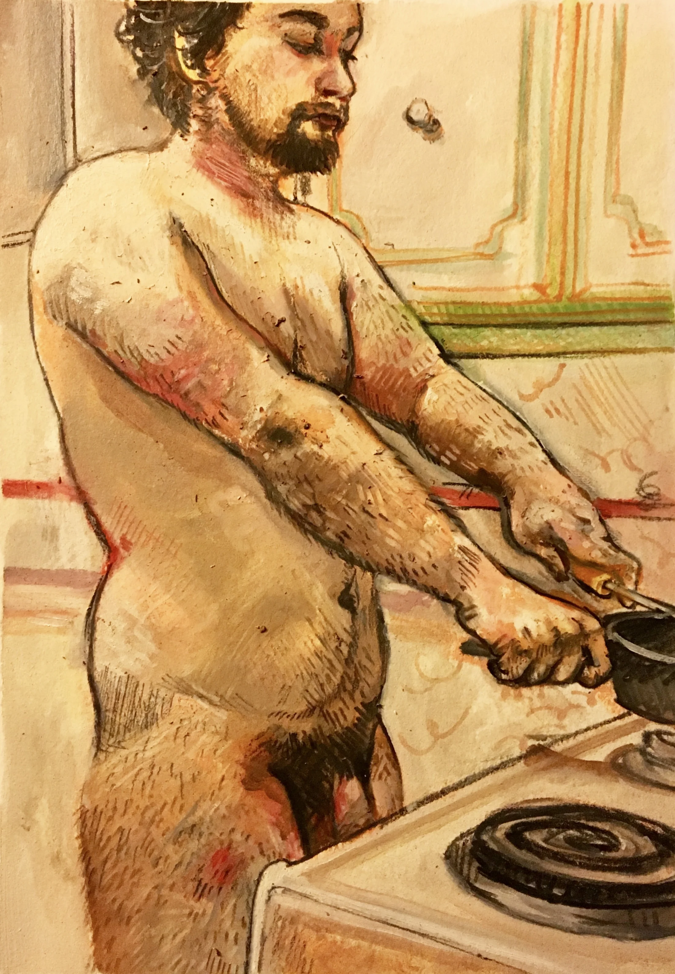 Breakfast, oil paint, pastel, and graphite on oil paper