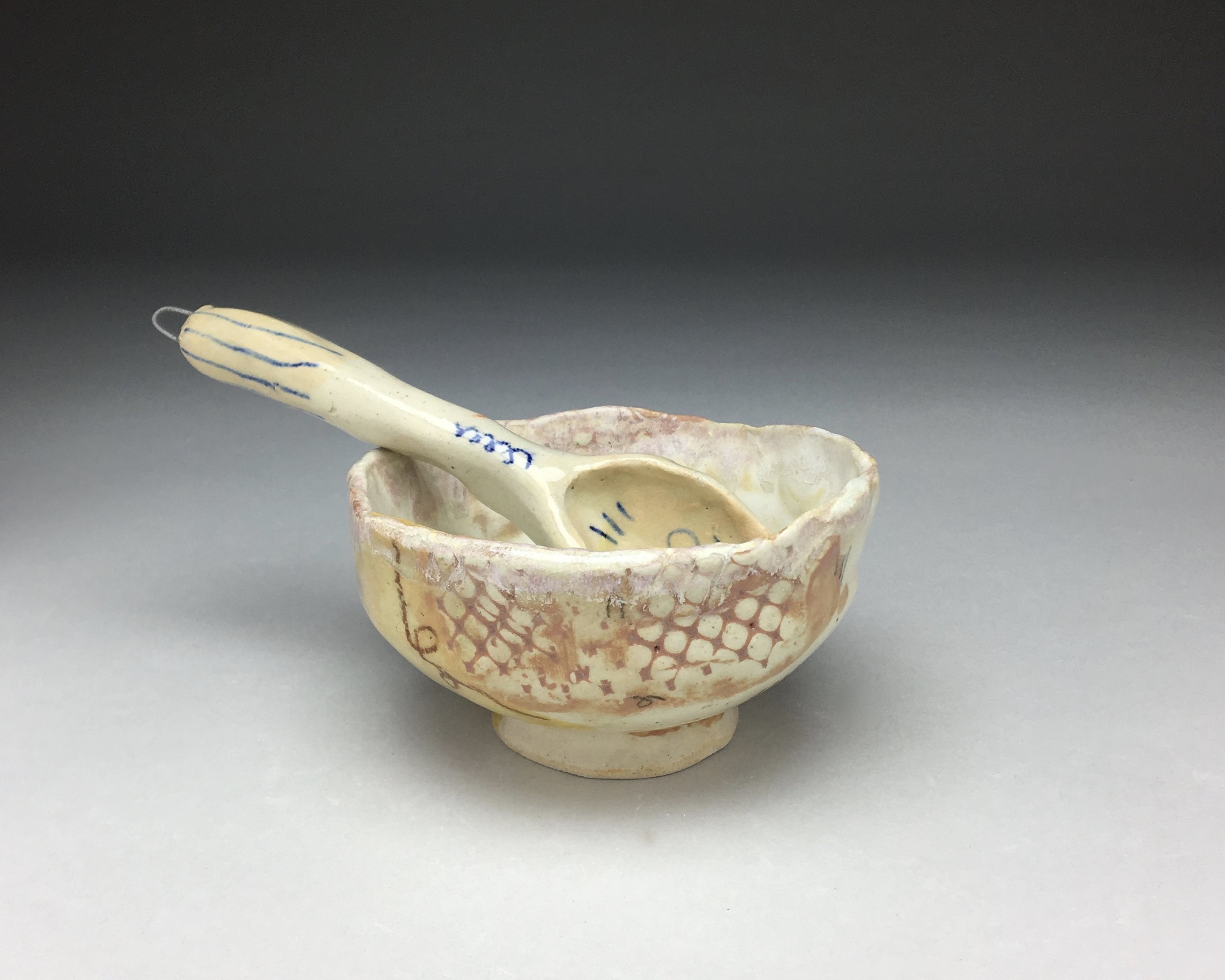Small dish with spoon, Stoneware, cone 5